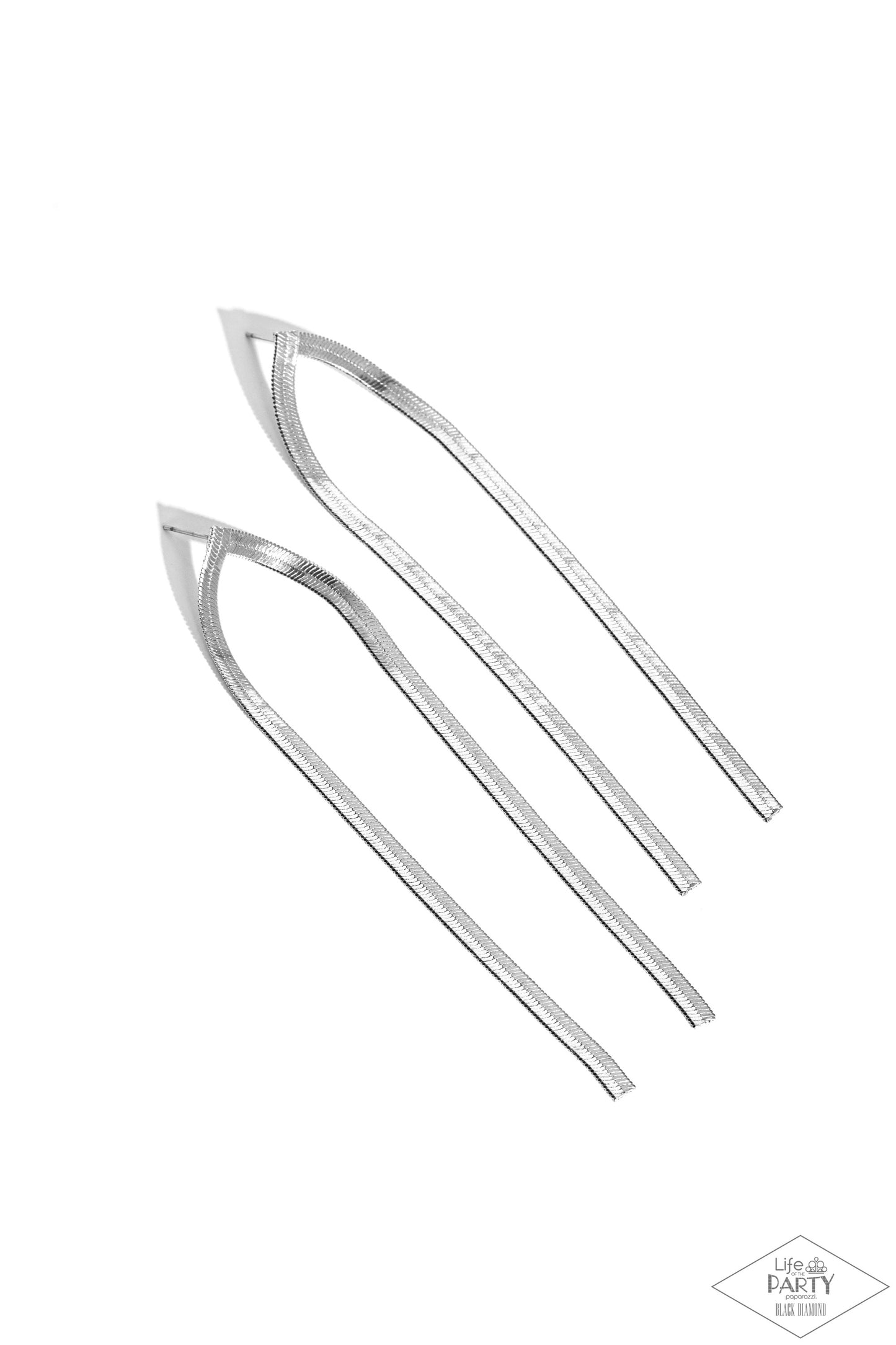 Very Viper Silver Post Earring - Paparazzi Accessories Flat silver snake chains drip from the ear, elegantly elongating the neck. Earring attaches to a standard post fitting. Sold as one pair of post earrings. SKU: P5PO-SVXX-120XX This Black Diamond Encore is back in the spotlight at the request of our 2023 Life of the Party member with Black Diamond Access, Heidi B.