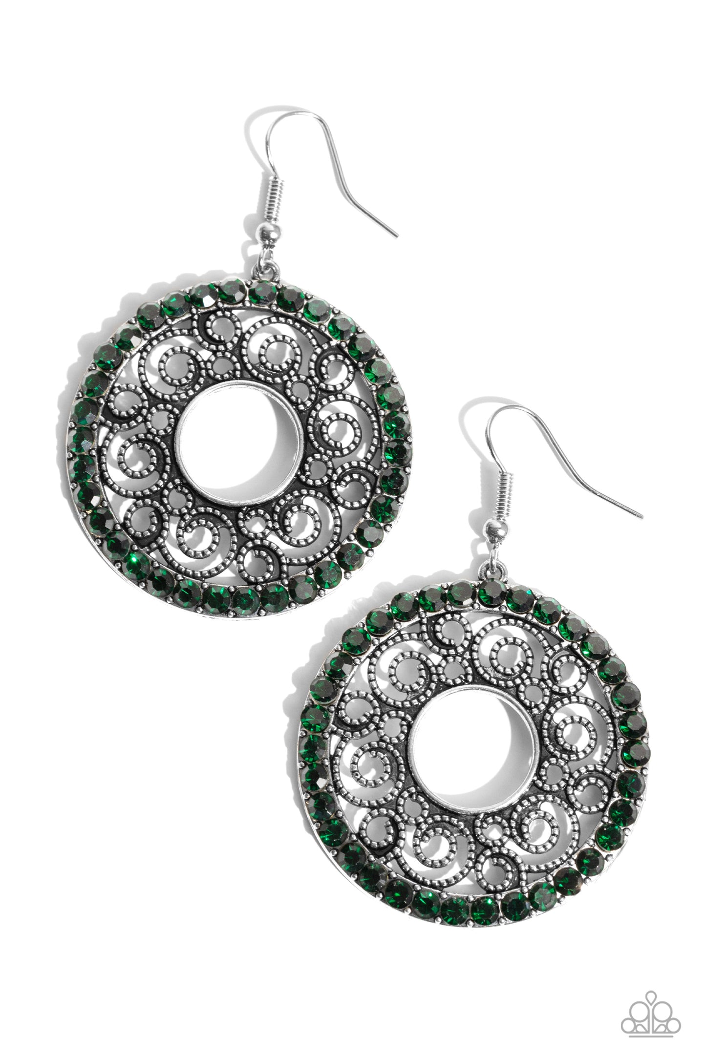 Whirly Whirlpool Green Rhinestone Earring - Paparazzi Accessories Bordered in a ring of glittery green rhinestones, a rustic silver hoop is filled with whirly silver filigree for a wistful finish. Earring attaches to a standard fishhook fitting. Sold as one pair of earrings. P5RE-GRXX-170XX