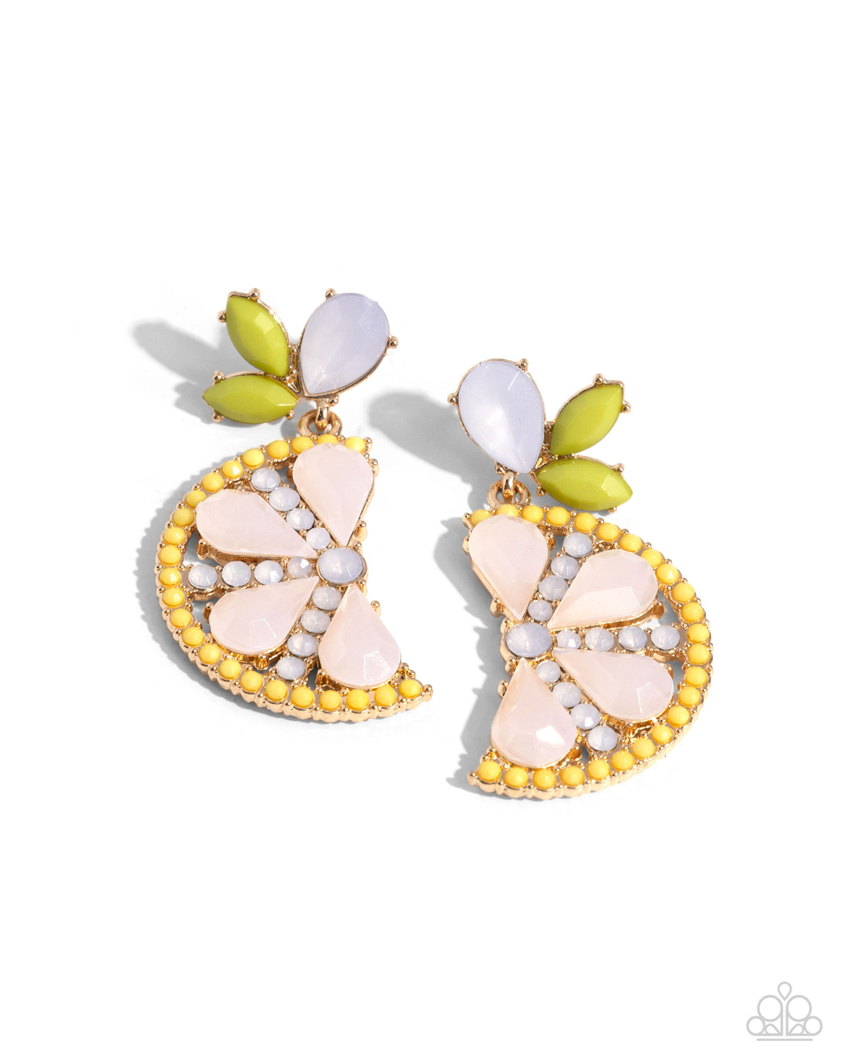 Slice of Summer Yellow Post Earring - Paparazzi Accessories Outlined by bright yellow beads and gold fittings, opaque pink teardrops alternate with linear layers of opalescent beads, culminating into an eye-catching lemon slice frame. The lemon slice frame attaches to the bottom of an opalescent teardrop and green marquise-cut medley, creating a sweet summer lure. Earring attaches to a standard post fitting. Sold as one pair of post earrings. P5PO-YWXX-036XX