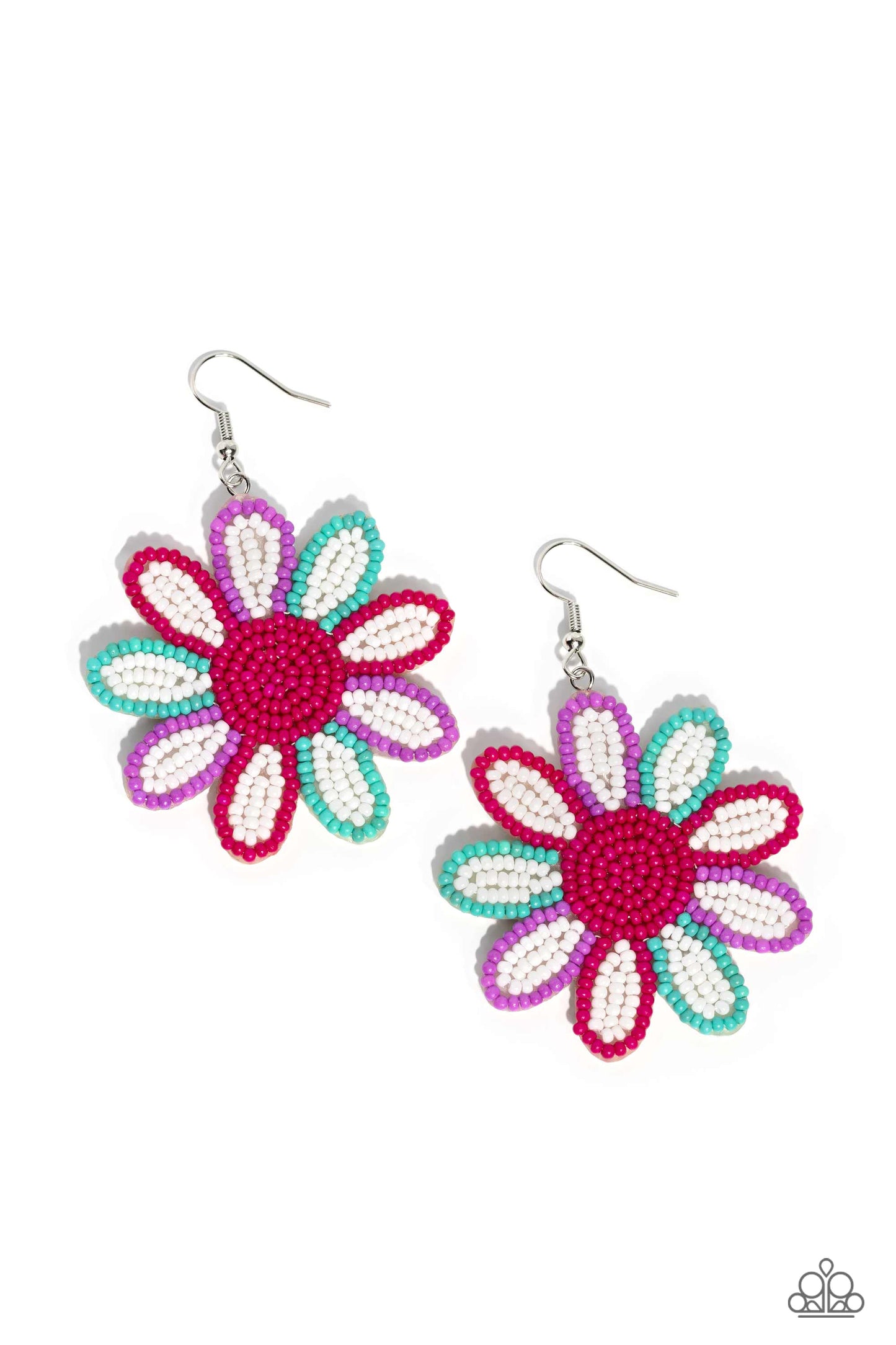 Decorated Daisies White Flower Earring - Paparazzi Accessories Item #P5ST-WTXX-069XX Layers of white seed bead petals, encased in seed bead frames of hot pink, tiffany, and lavender fan out from a hot pink seed bead center, blooming into a textured floral lure. Earring attaches to a standard fishhook fitting. Featured inside The Preview at Made for More! Sold as one pair of earrings.