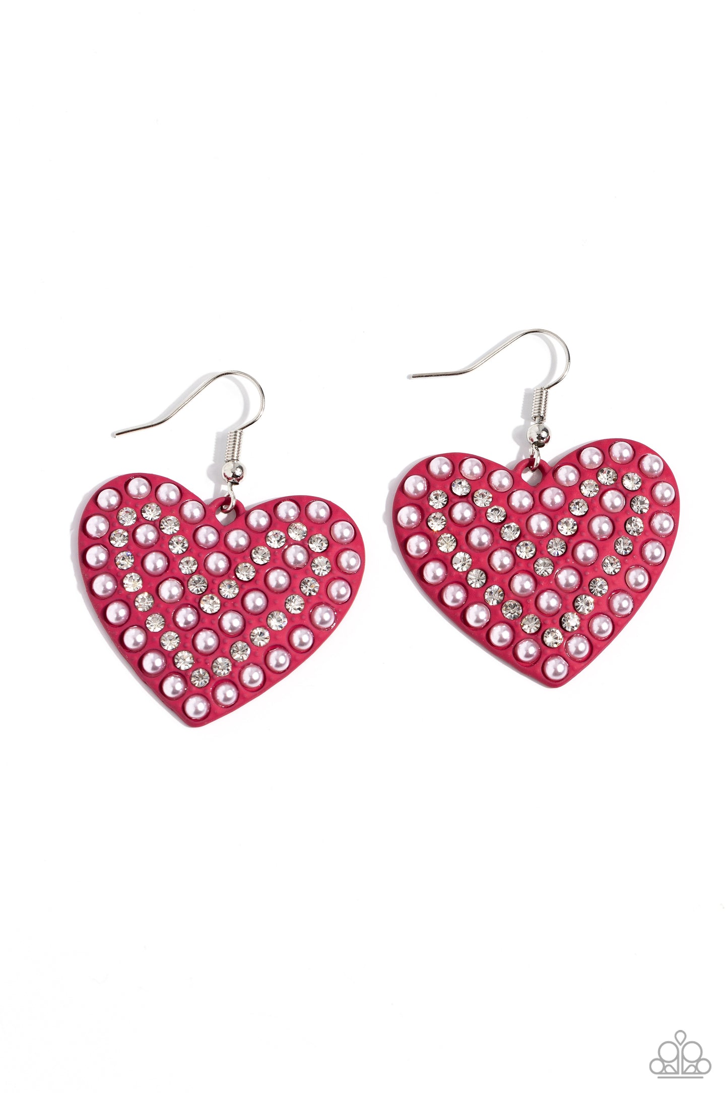 Romantic Reunion Pink Heart Earring - Paparazzi Accessories A Pink Peacock painted heart is covered in rows of tiny white rhinestones and pink pearls, emitting radiant shimmer as it swings from the ear. Earring attaches to a standard fishhook fitting. Sold as one pair of earrings. SKU: P5RE-PKXX-270XX