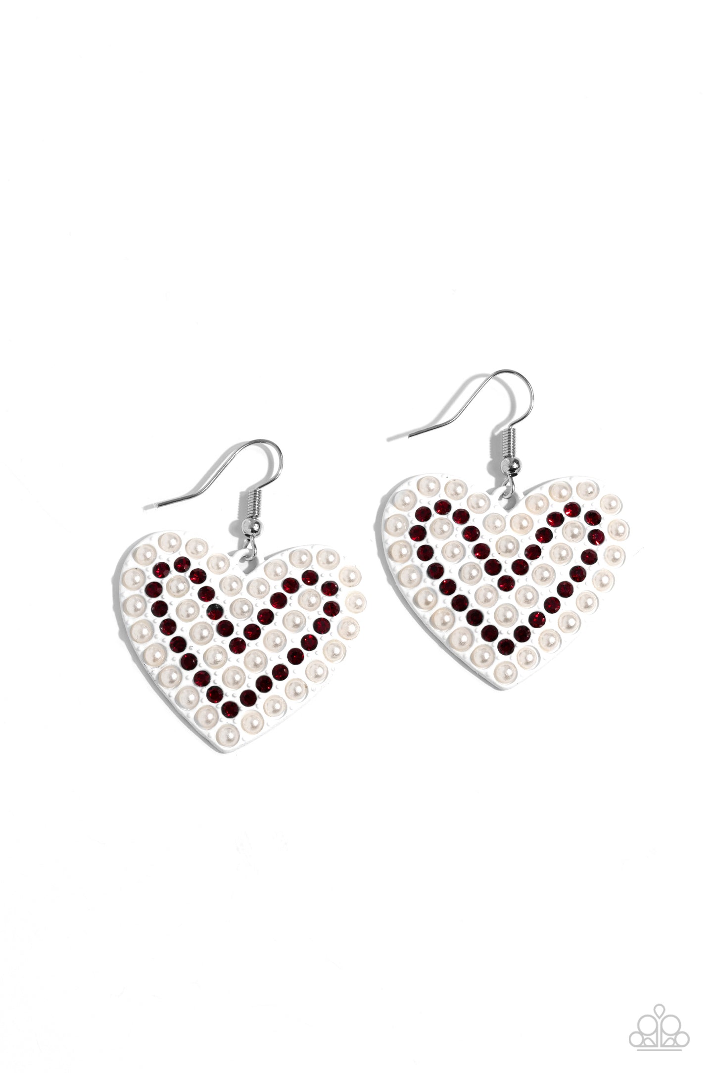 Romantic Reunion White Heart Earring - Paparazzi Accessories A white-painted heart is covered in rows of tiny red rhinestones and white pearls, emitting radiant shimmer as it swings from the ear. Earring attaches to a standard fishhook fitting. Sold as one pair of earrings. SKU: P5RE-WTXX-611XX