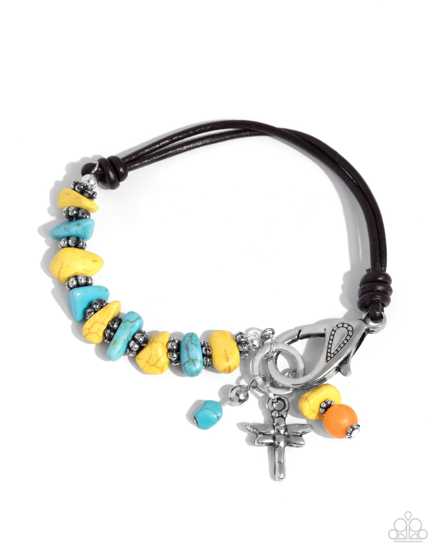 Daring Dragonfly Yellow Clasp Bracelet - Paparazzi Accessories Featuring a brown half-leather band, a collection of silver floral beads alternates between yellow and turquoise stones for an earthy display around the wrist. A silver dragonfly dances alongside a yellow and orange stone at the end of the hoop for additional whimsical charm. Features a clasp closure. As the stone elements in this piece are natural, some color variation is normal. Sold as one individual bracelet. P9SE-YWXX-174XX