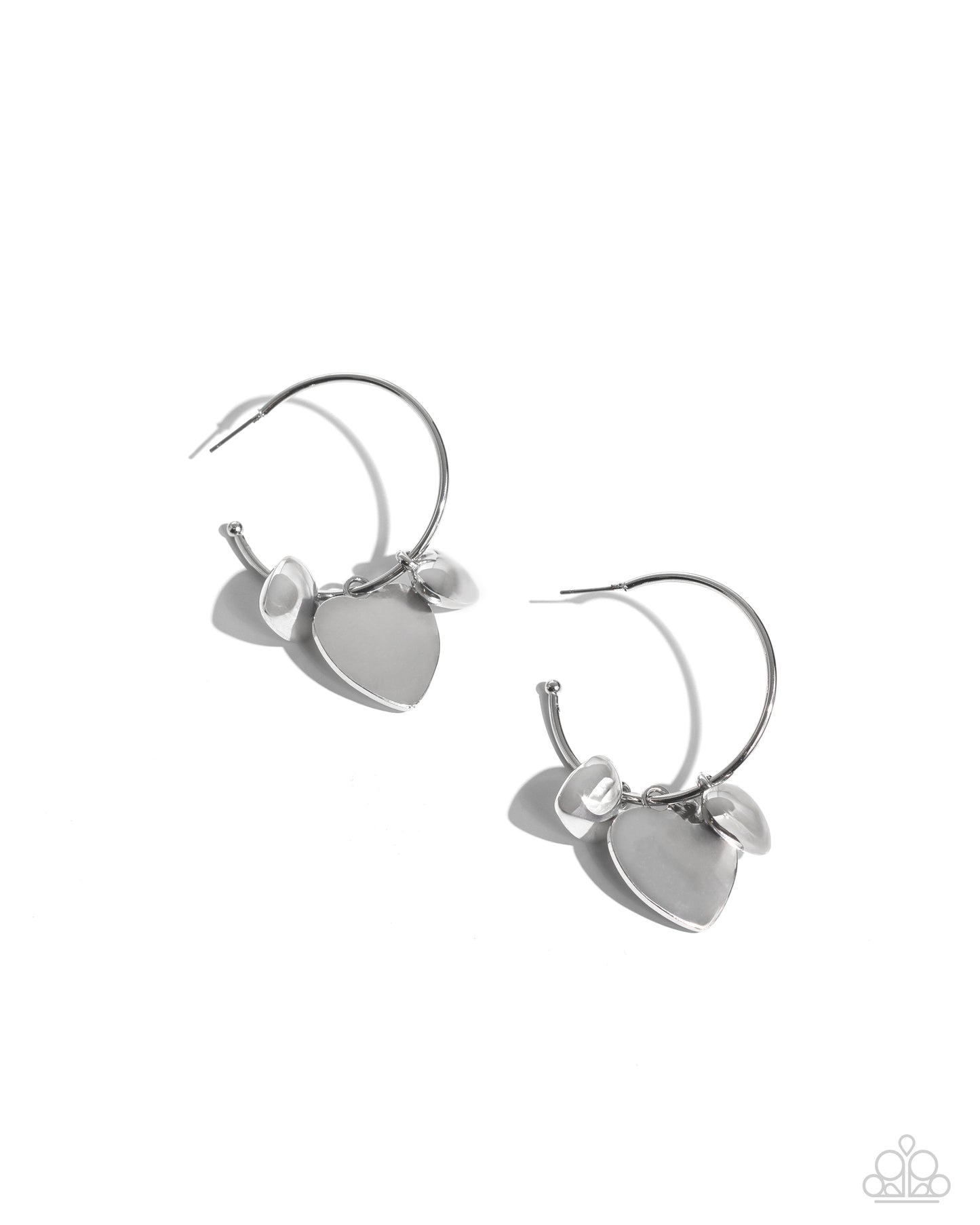 Casually Crushing Silver Heart Hoop Earring - Paparazzi Accessories Featuring various textures, a trio of silver hearts in varying sizes cascades from a thin silver hoop for a romantic statement. Earring attaches to a standard post fitting. Hoop measures approximately 1 1/2" in diameter. Sold as one pair of hoop earrings. SKU: P5HO-SVXX-387XX