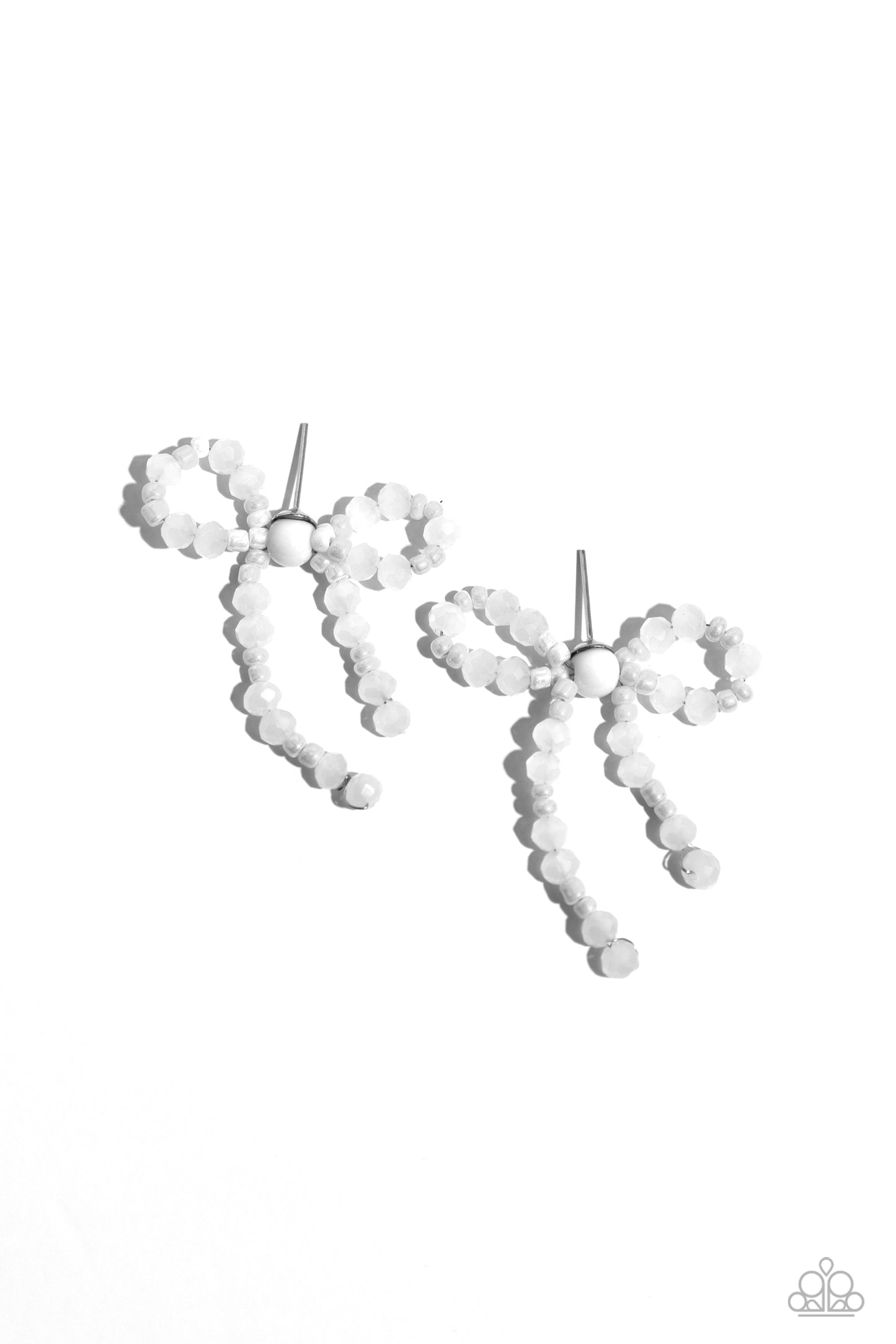 The BOW Must Go On White Earring - Paparazzi Accessories High-sheen white beads in various sizes and white seed beads loop and curl into an elegant, classic bow for a refined centerpiece. Earring attaches to a standard post fitting. Sold as one pair of post earrings. P5PO-WTXX-407XX