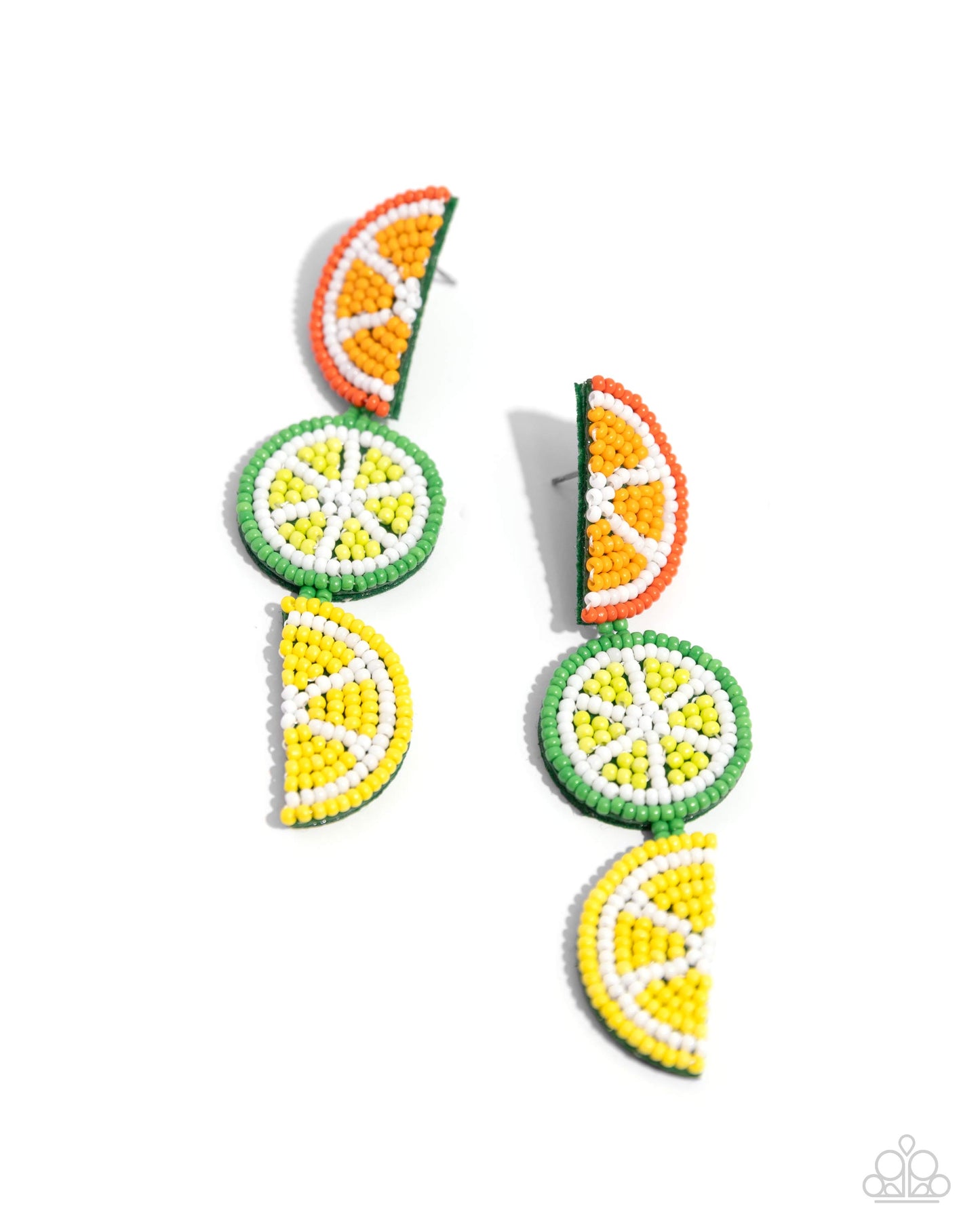 Fresh Fruit Multi Seed Bead Post Earring - Paparazzi Accessories Featuring an arrangement of seed beads, a collection of various fruits cascade down the ear for a whimsical design. Each fruit features Burnt Orange, Saffron, Classic Green, Love Bird, High Visibility, and white detailing for a bright display of color. Earring attaches to a standard post fitting. Sold as one pair of post earrings. P5PO-MTXX-124XX