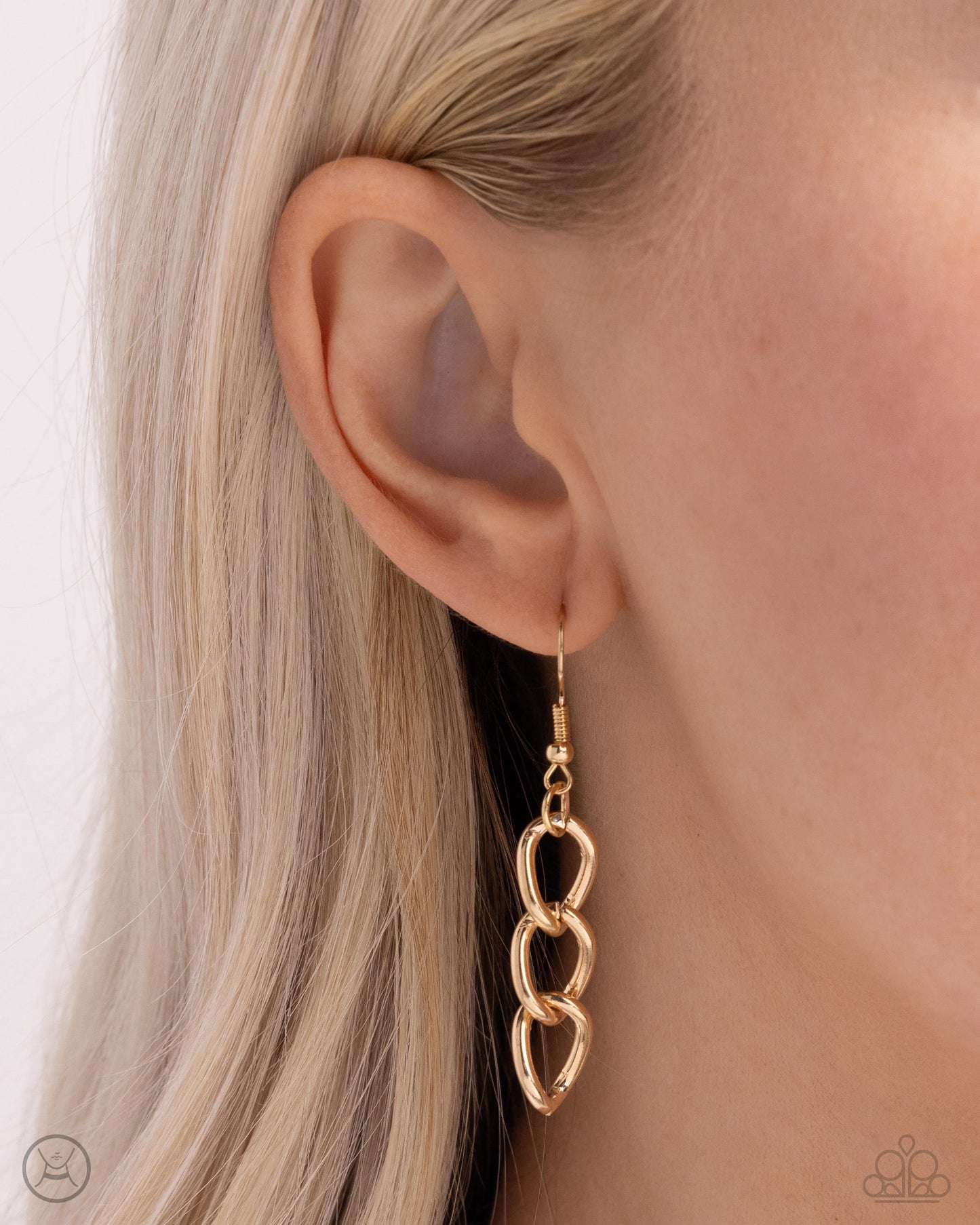 Denim Danger Gold Necklace - Paparazzi Accessories Infused through oversized gold links, dark-wash denim pairs with a dainty gold chain for a dynamic duo below the neckline. Features an adjustable clasp closure. Sold as one individual choker necklace. Includes one pair of matching earrings. P2CH-GDXX-135XX