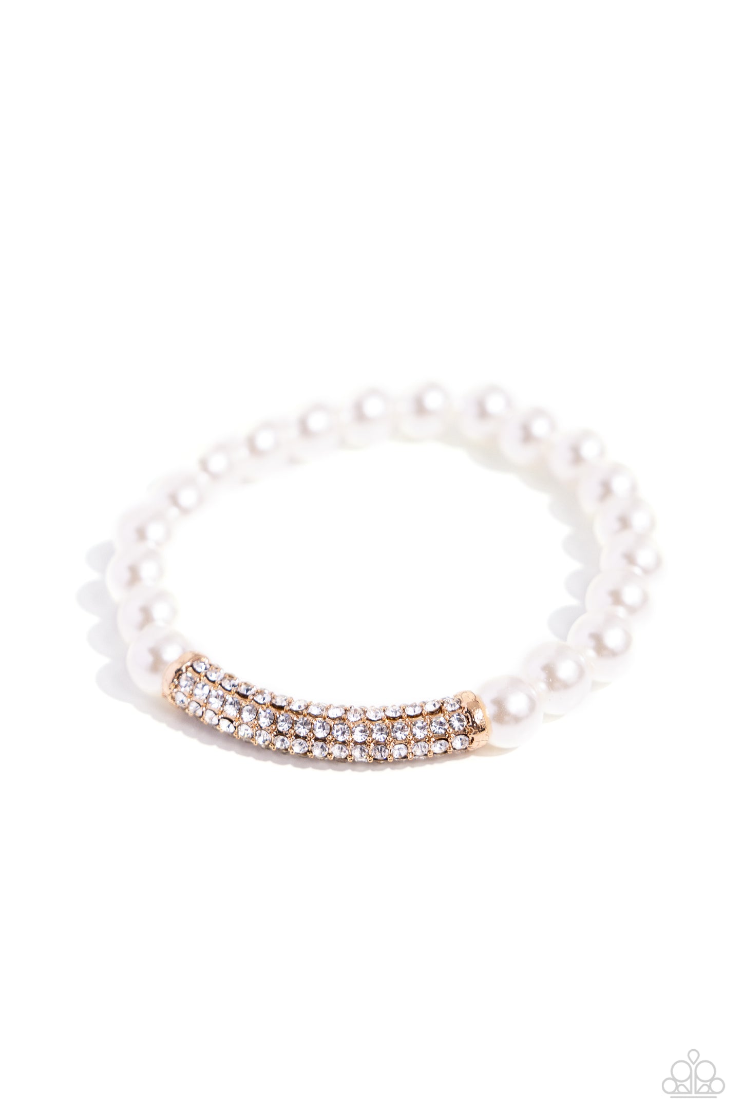Elegance Embodied Gold Stretch Bracelet - Paparazzi Accessories Infused along an invisible elastic string, glossy white pearls and a white rhinestone-encrusted gold fitting stand out along the wrist for a refined finish. Sold as one individual bracelet. P9RE-GDXX-414XX
