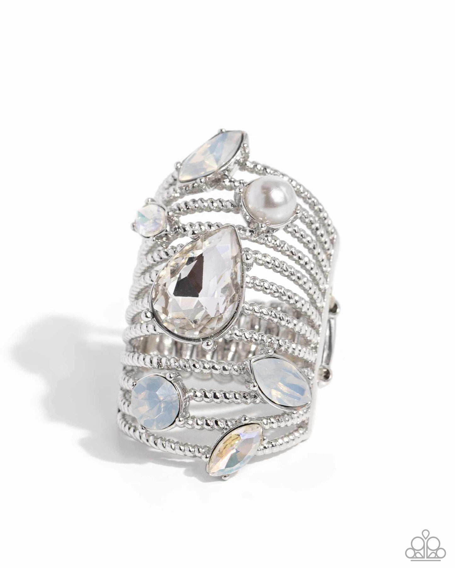 Treasure Tapestry White Ring - Paparazzi Accessories Featuring a dazzling array of round, teardrop, and marquise-cut gems, pearls, and rhinestones in multicolored white hues, row after row of twisted silver bands stack up and across the finger for a knockout look. Features a stretchy band for a flexible fit. Sold as one individual ring. P4ST-WTXX-043XX