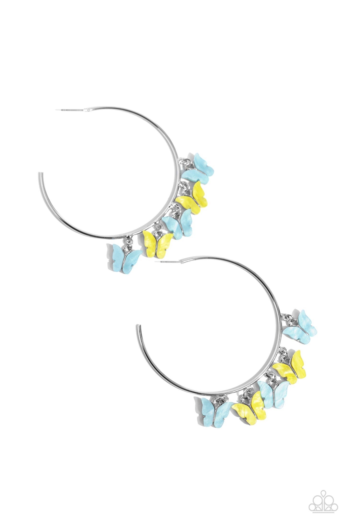 Bemusing Butterflies Blue Hoop Earring - Paparazzi Accessories Attached along an oversized silver hoop, various blue and yellow butterflies flutter and fly along the ear for a whimsical finish. Earring attaches to a standard post fitting. Hoop measures approximately 2 1/4" in diameter. Sold as one pair of hoop earrings. P5HO-BLXX-065XX