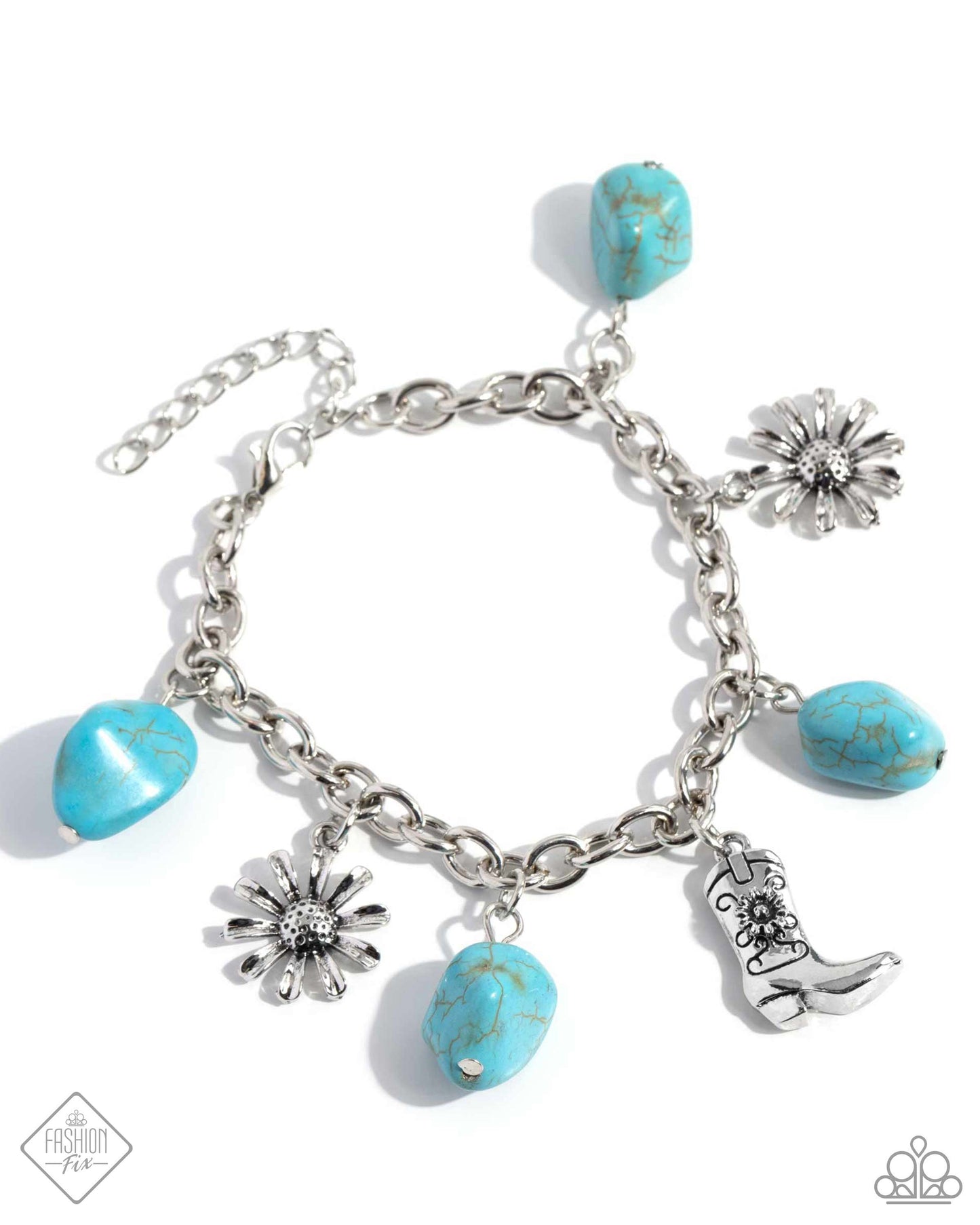 Badlands Beau - Blue Item #P9SE-BLXX-456VM Dangling from a silver cable chain, a collection of turquoise stones, tactile silver sunflowers, and a silver sunflower-embellished cowboy boot wrap around the wrist for a Western look. Features an adjustable clasp closure. As the stone elements in this piece are natural, some color variation is normal. Sold as one individual bracelet.