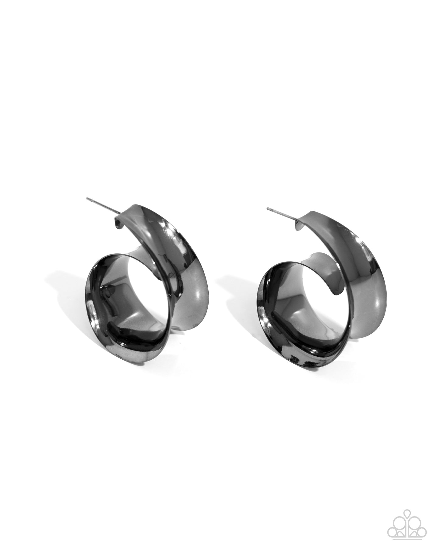 Curly Cadence Black Hoop Earring - Paparazzi Accessories Featuring a sleek finish, a thick band of gunmetal curls into a dainty swirl at the bottom of the ear for an eye-catching centerpiece. Earring attaches to a standard post fitting. Hoop measures approximately 1 1/2" in diameter. Sold as one pair of hoop earrings. P5HO-BKXX-276XX