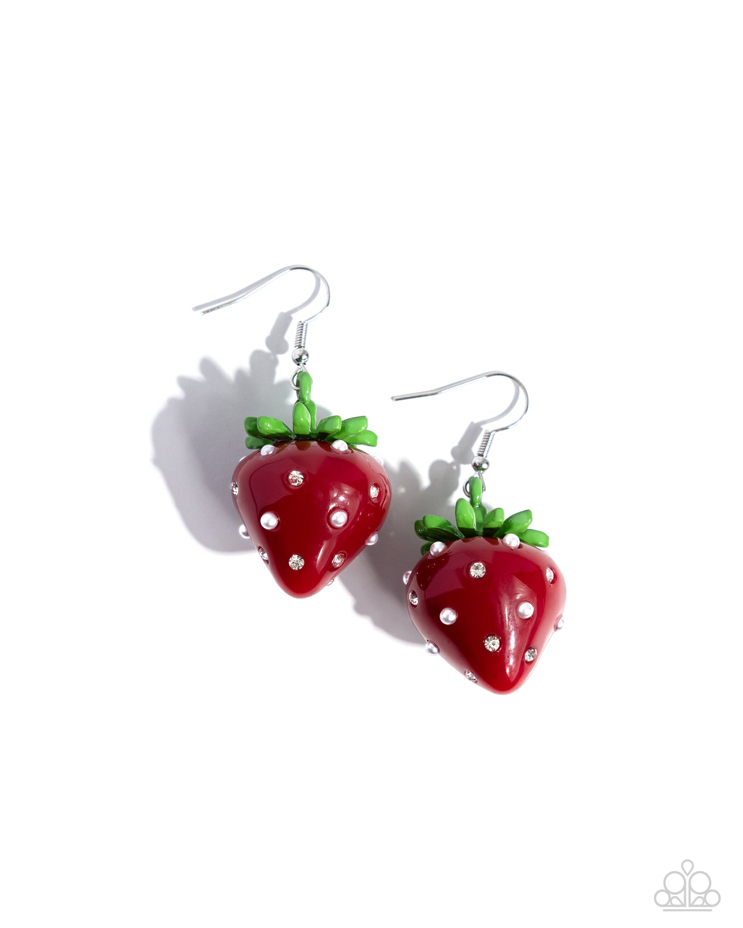 Strawberry Sentiment Red Earring - Paparazzi Accessories Featuring white pearls and rhinestones as imitation seeds, a glossy red and green strawberry charm dangles from the ear for a summery statement. Earring attaches to a standard fishhook fitting. Sold as one pair of earrings. P5SE-RDXX-212XX