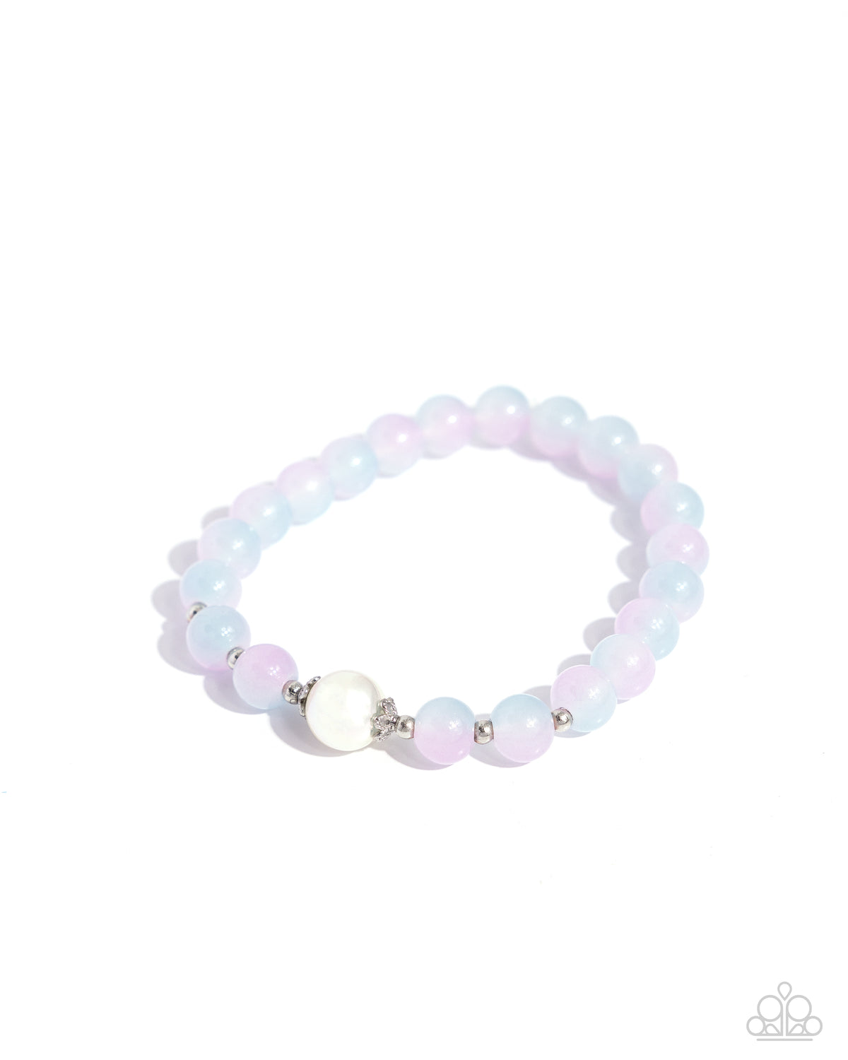 Mermaid Mirror Pink Stretch Bracelet - Paparazzi Accessories Pink to blue ombré beads, dainty silver beads, and an iridescent-dipped pearl are infused along an elastic stretchy band along the wrist for a mermaid-inspired masterpiece. Sold as one individual bracelet. P9RE-PKXX-330XX
