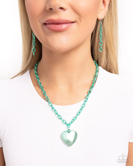 Loving Luxury Green Heart Necklace - Paparazzi Accessories Elongating from a high-sheen light green chain, an oversized green heart glimmers for a lovestruck look. Features an adjustable clasp closure. Sold as one individual necklace. Includes one pair of matching earrings. SKU: P2SE-GRXX-269XX