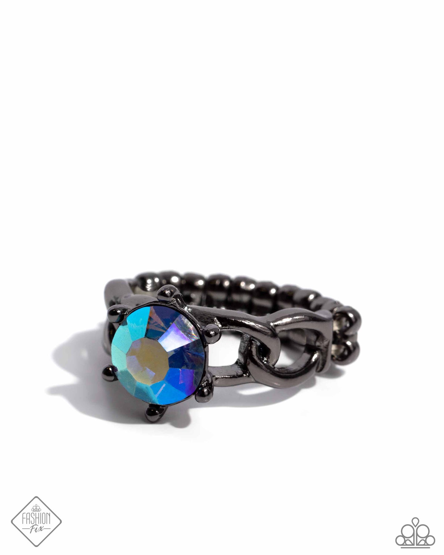 Authoritative Ability - Blue Item #P4ED-BLXX-036UO Featuring a UV shimmer, a glittery blue gem is pressed into a gunmetal pronged frame radiating from a gunmetal curb chain band for a timeless, edgy flair. Features a dainty stretchy band for a flexible fit. Sold as one individual ring.
