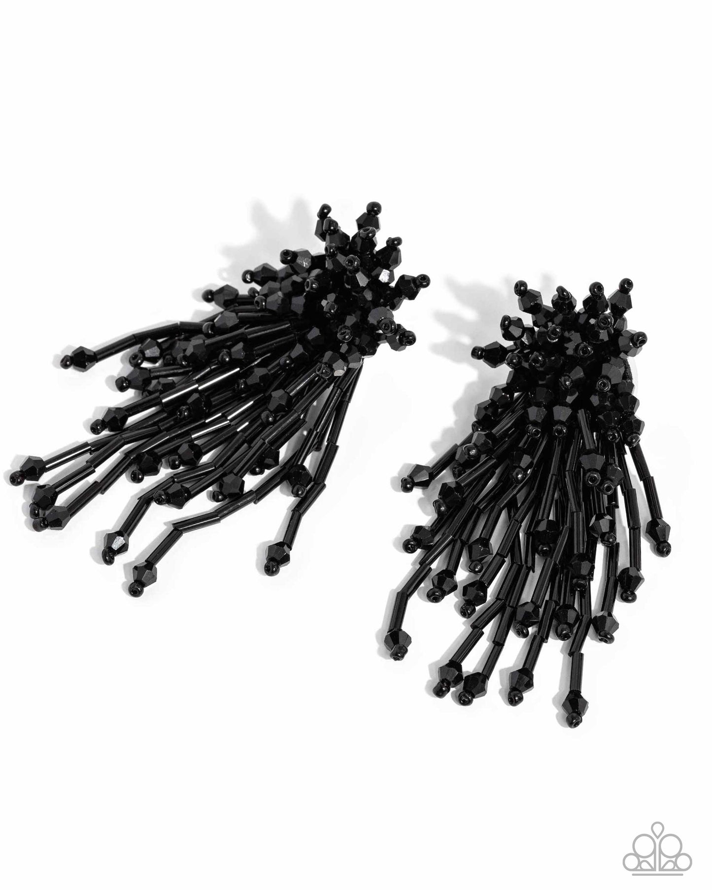 Congratulatory Charm Black Post Earring - Paparazzi Accessories (June 2024 LOP) An explosion of faceted, shiny black beads and bars elongate into a modern, edgy display. Earring attaches to a standard post fitting. Sold as one pair of post earrings. Item #P5PO-BKXX-237XX