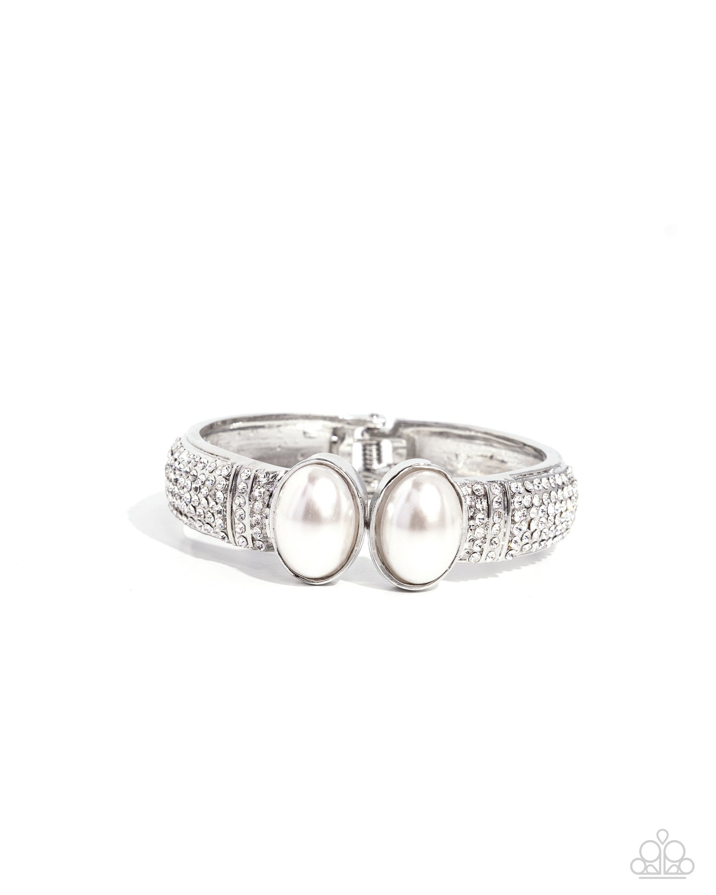 Balanced Brevity White Hinge Bracelet - Paparazzi Accessories Featuring oversized white pearls, two shiny silver bars embellished with row after row of white rhinestones attach to a spring-like fitting as they curl around the wrist for a refined finish. Features a hinged closure. Sold as one individual bracelet. P9RE-WTXX-600XX