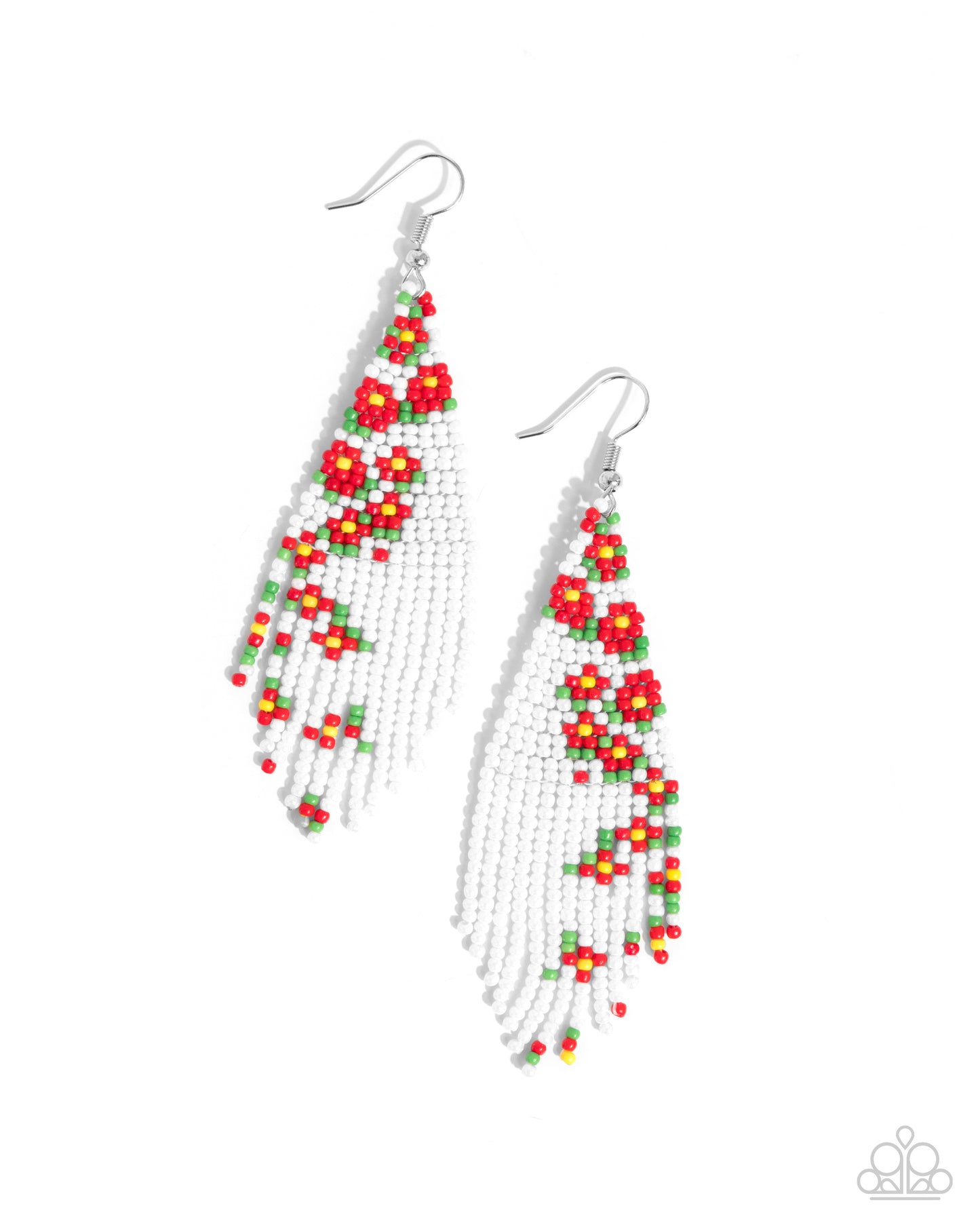 Picturesque Patchwork Red Flower Seed Bead Earring - Paparazzi Accessories Strands of white, green, red, and yellow seed beads colorfully weave into a vivaciously floral beaded fringe that tapers below the ear. Earring attaches to a standard fishhook fitting. Sold as one pair of earrings. P5SE-RDXX-213XX