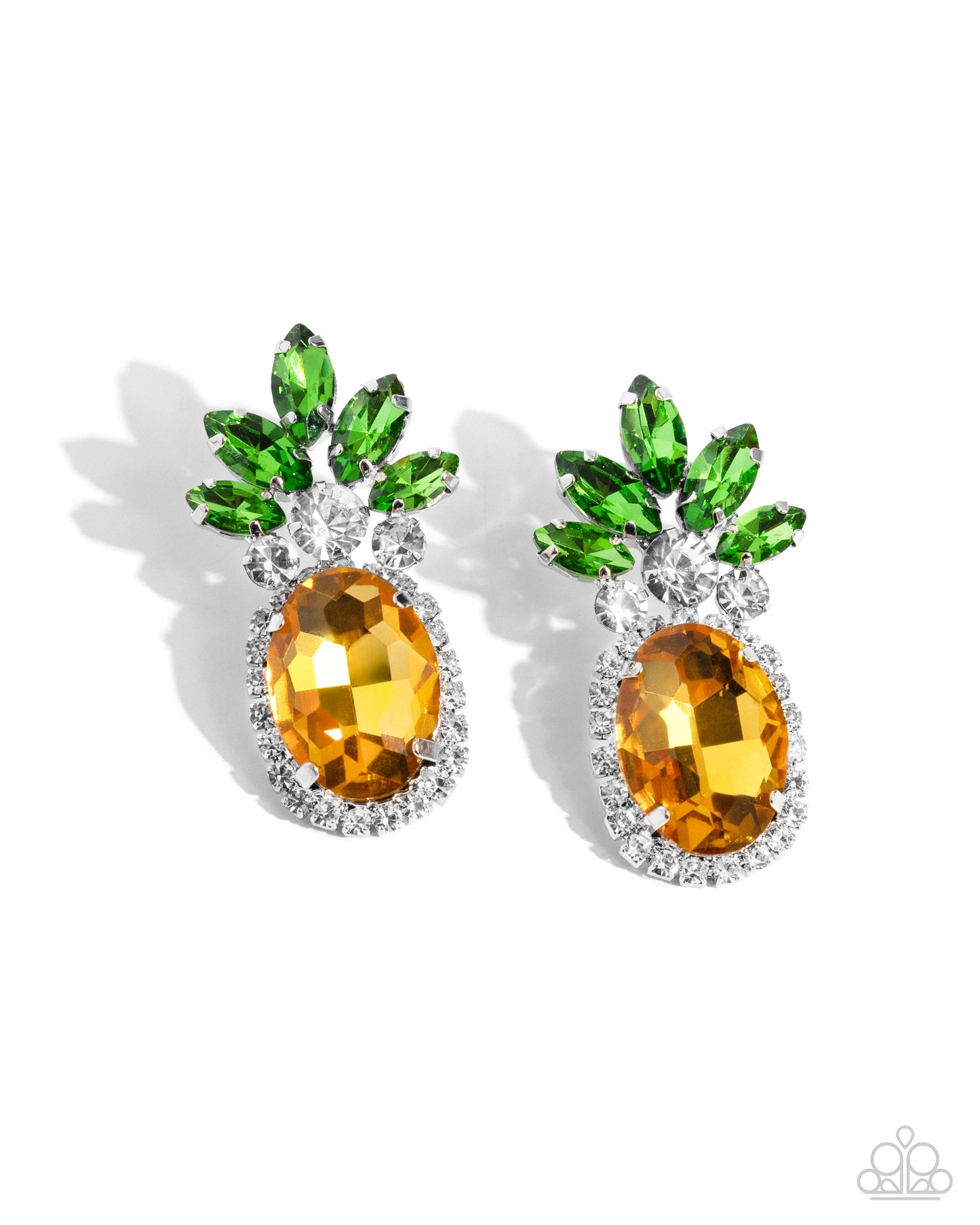 Prismatic Pineapple Yellow Post Earring - Paparazzi Accessories Featuring a pineapple motif, a collection of green marquise-cut faceted gems, white gems, dainty white rhinestones, and silver-pronged yellow oval gems creates a summery statement at the ear. Earring attaches to a standard post fitting. Sold as one pair of post earrings. P5PO-YWXX-044XX