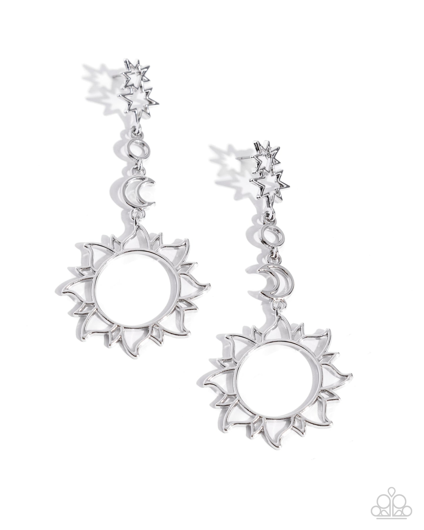 Celestial Chic Silver Post Earring - Paparazzi Accessories Three-dimensional silver star frames that stack atop one another give way to an airy silver crescent moon and oversized silver sun pendant as they delicately link into a stellar tassel, resulting in an out-of-this-world fashion. Earring attaches to a standard post fitting. Sold as one pair of post earrings. SKU: P5PO-SVXX-281XX