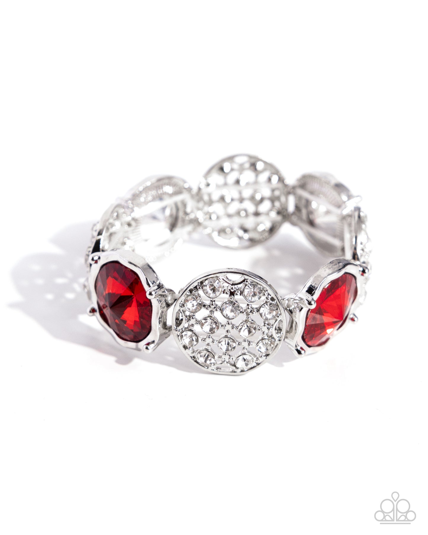 Refined Refresh Red Stretch Bracelet - Paparazzi Accessories Pressed in warped, hammered silver frames, red gems that come to a faceted point alternate with an explosion of white gem-embellished airy silver discs along elastic stretchy bands on the wrist for a refined, ritzy display. Sold as one individual bracelet. P9RE-RDXX-162XX