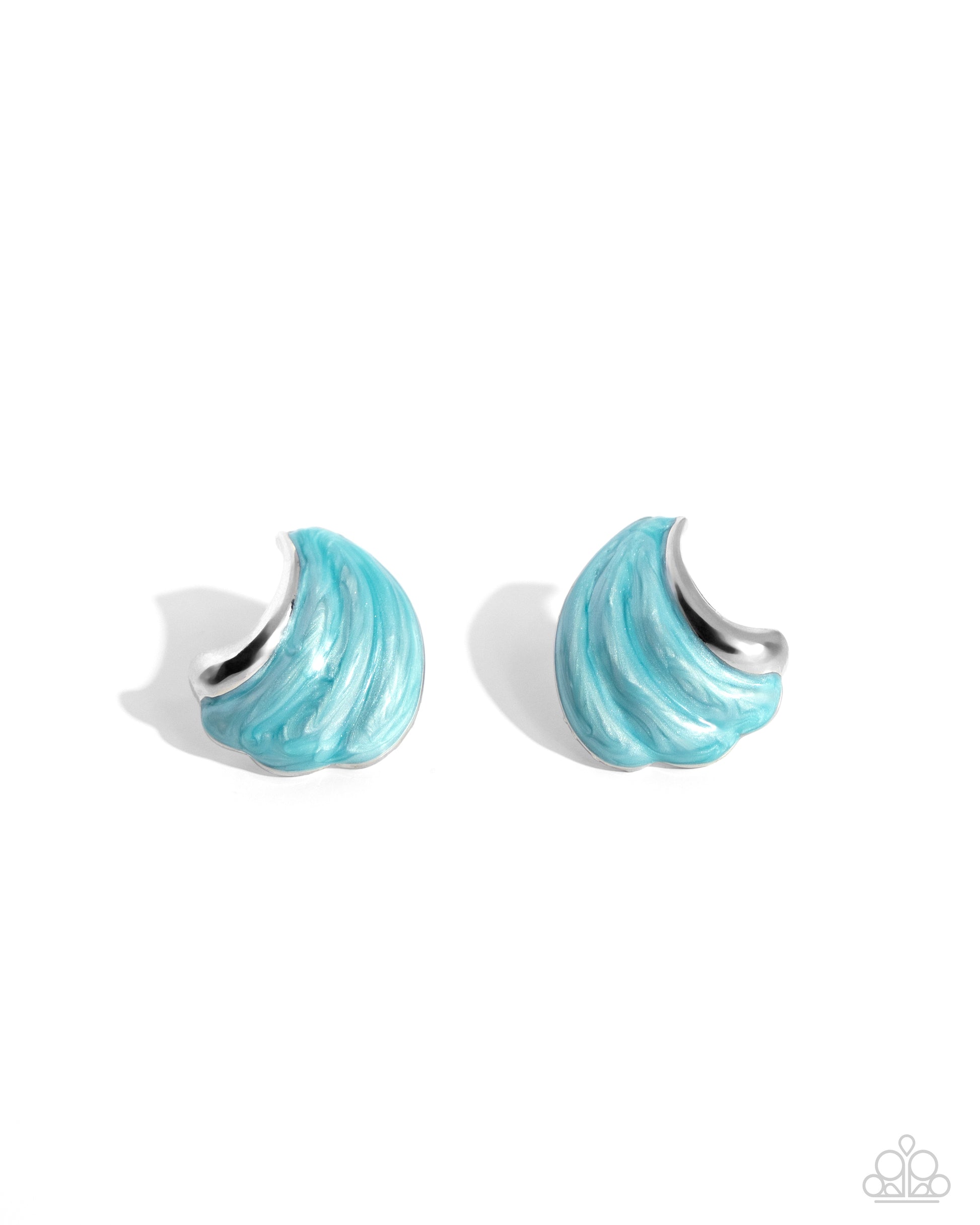 Whimsical Waves Blue Post Earring - Paparazzi Accessories Featuring a Capri pearlized paint, textured silver bars curl up towards the ear in an ocean wave-like manner for a coastal centerpiece. Earring attaches to a standard post fitting. Sold as one pair of post earrings. SKU: P5PO-BLXX-164XX