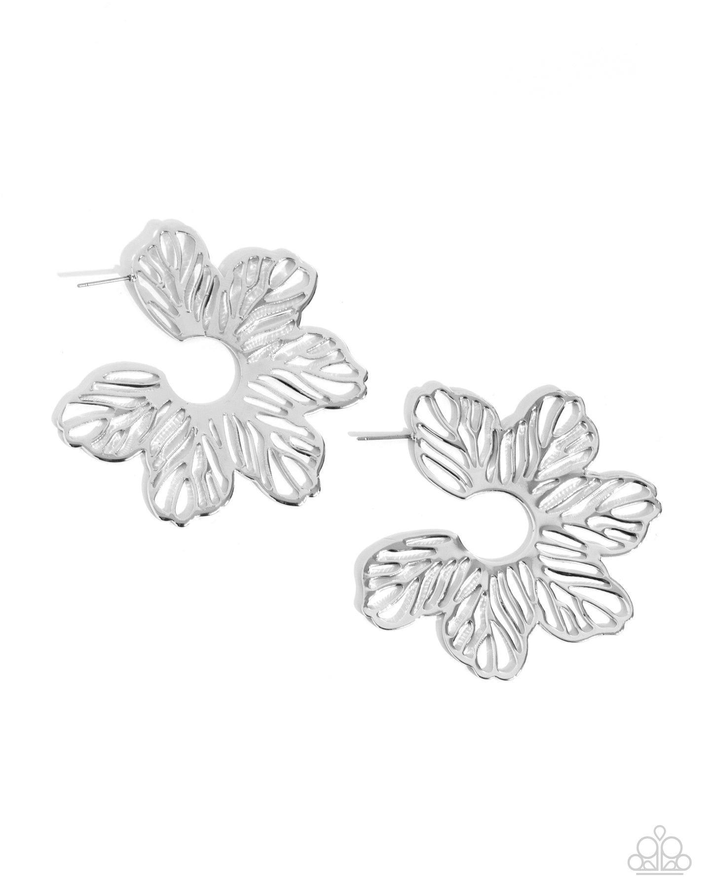 Floral Fame Silver Flower Hoop Earring - Paparazzi Accessories Airy, high-sheen silver flowers bloom and flare around the ear for a whimsical display. Earring attaches to a standard post fitting. Hoop measures approximately 2 1/4" in diameter. Sold as one pair of hoop earrings. SKU: P5HO-SVXX-400XX