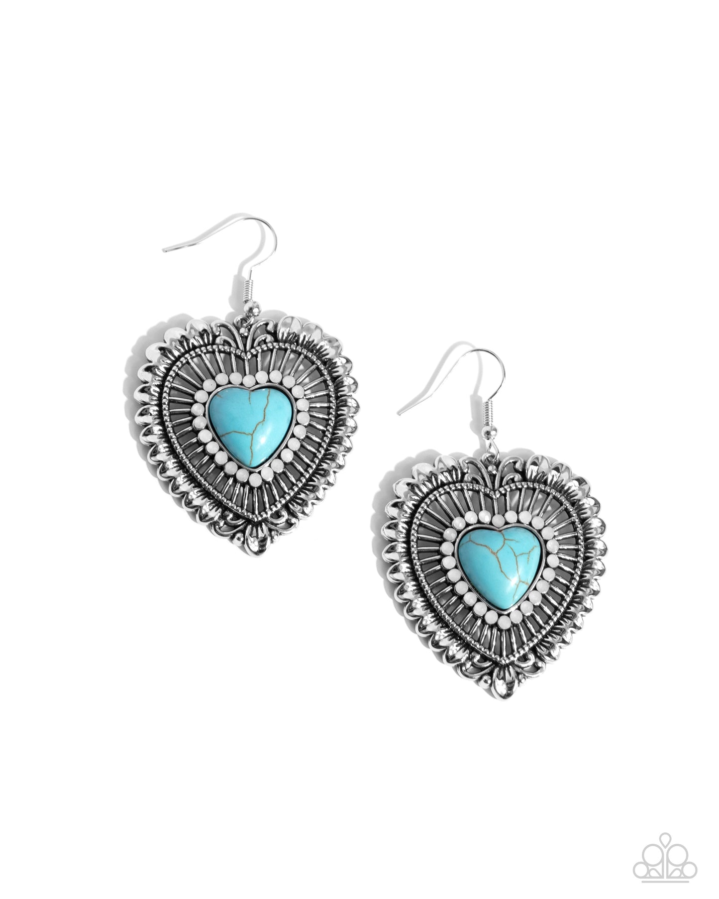 Antiqued Advocate Turquoise Heart Earring - Paparazzi Accessories Bordered by a collection of dainty opalescent gems, a turquoise stone-centered heart dangles from the ear. Airy silver filigree bursts around the dainty stone heart center for additional texture and detail. Earring attaches to a standard fishhook fitting. As the stone elements in this piece are natural, some color variation is normal. Sold as one pair of earrings. P5SE-BLXX-337XX