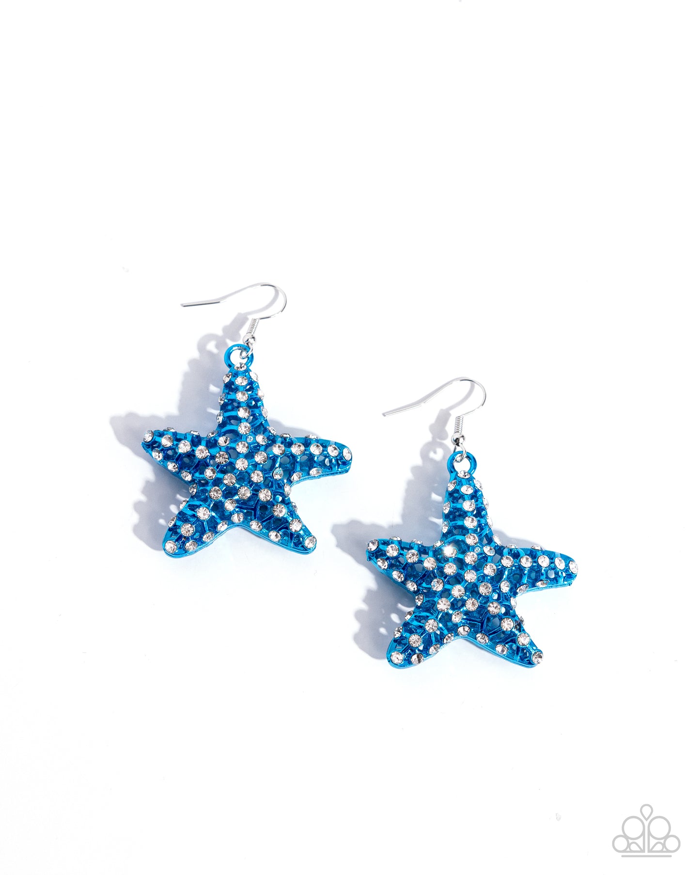 Skilled Starfish Blue Earring - Paparazzi Accessories Featuring an explosion of dainty white rhinestones, an airy blue starfish charm flickers and flashes below the ear for a seaworthy statement. Earring attaches to a standard fishhook fitting. Sold as one pair of earrings. P5ST-BLXX-053XX