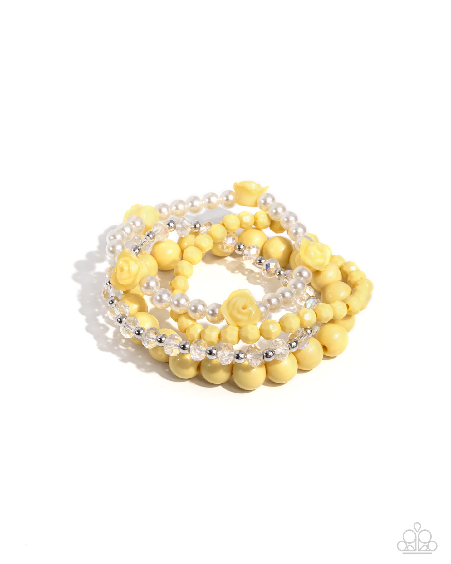 Rosy Retrospection Yellow Stretch Bracelet - Paparazzi Accessories Infused along elastic stretchy bands, a collection of Lemon Drop rosette beads, faceted beads, and high-sheen beads combine with silver beads, white pearls, and faceted clear beads for a whimsical stack of color along the wrist. Sold as one set of four bracelets. P9WH-YWXX-162XX