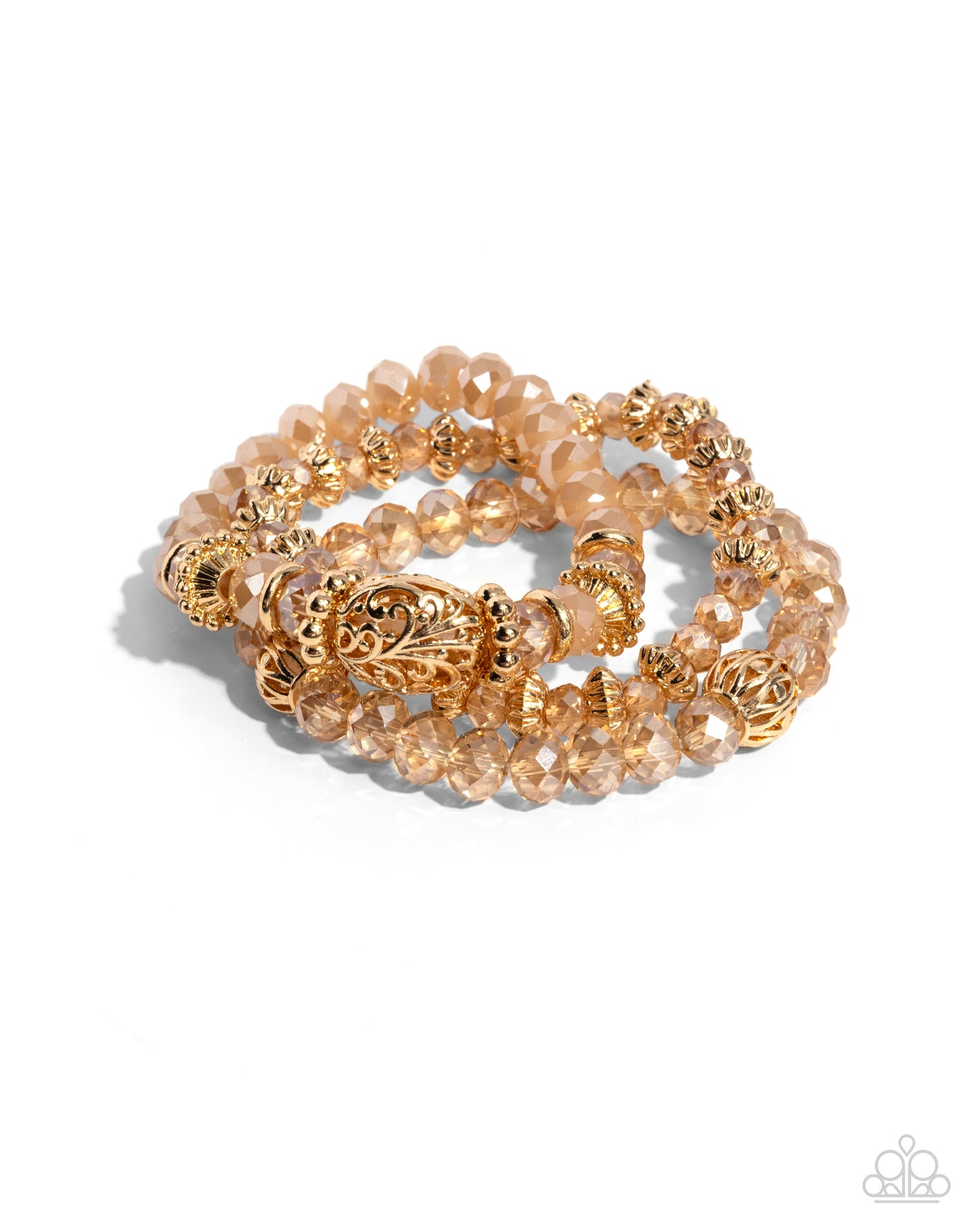 Malibu Maiden Gold Stretch Bracelet - Paparazzi Accessories Faceted gold clear and opaque beads, various gold beads, and a vintage-embellished oversized bead stack up the wrist on elastic stretchy bands for a classically colorful look. Sold as one set of three bracelets. P9BA-GDXX-134XX