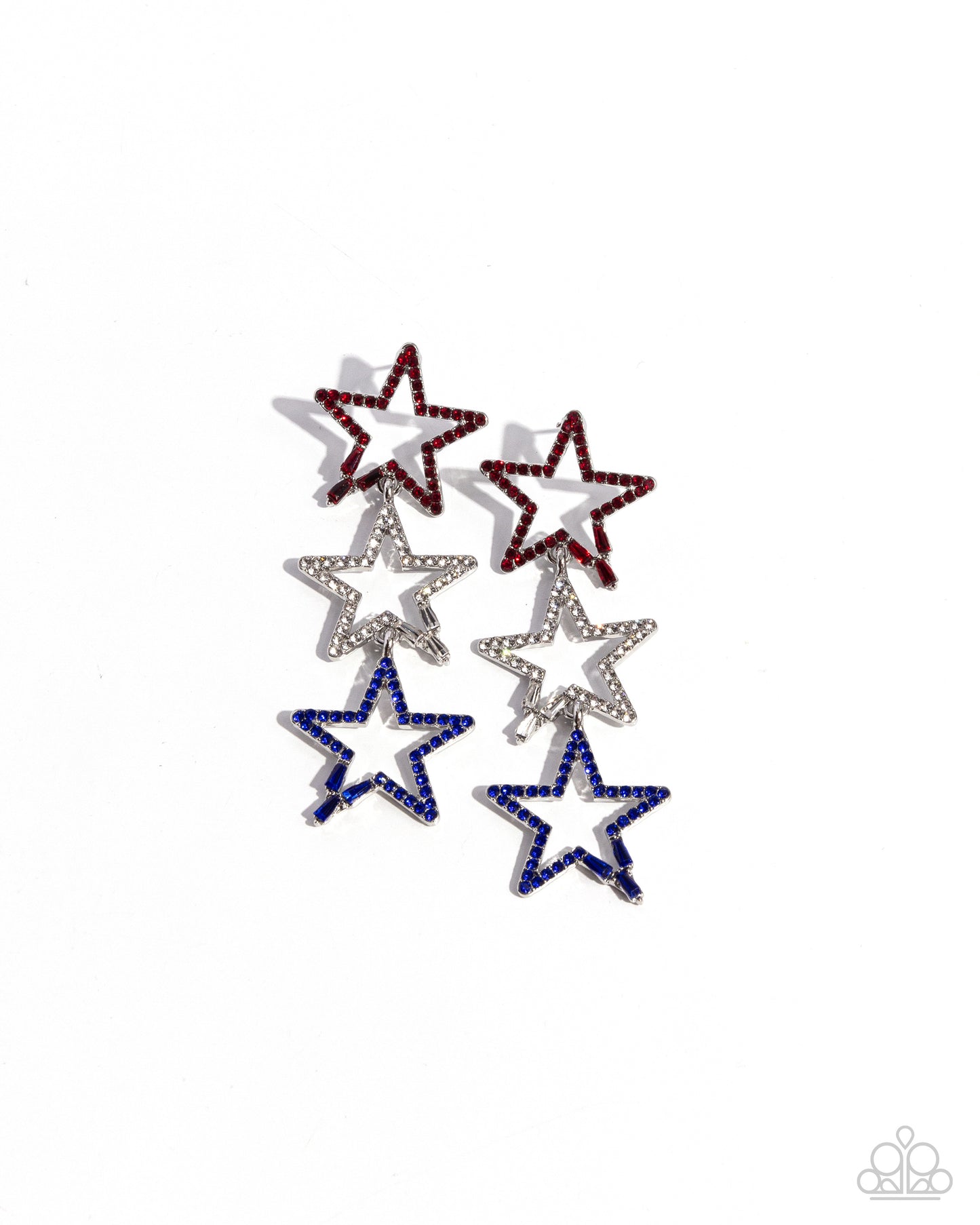 Patriotic Pageantry Multi Star Post Earring - Paparazzi Accessories Embellished in red, white, and blue rhinestones and emerald-cut gems, a trio of airy silver stars interlock and cascade below the ear for a polished, patriotic look. Earring attaches to a standard post fitting. Sold as one pair of post earrings. P5PO-MTXX-133XX