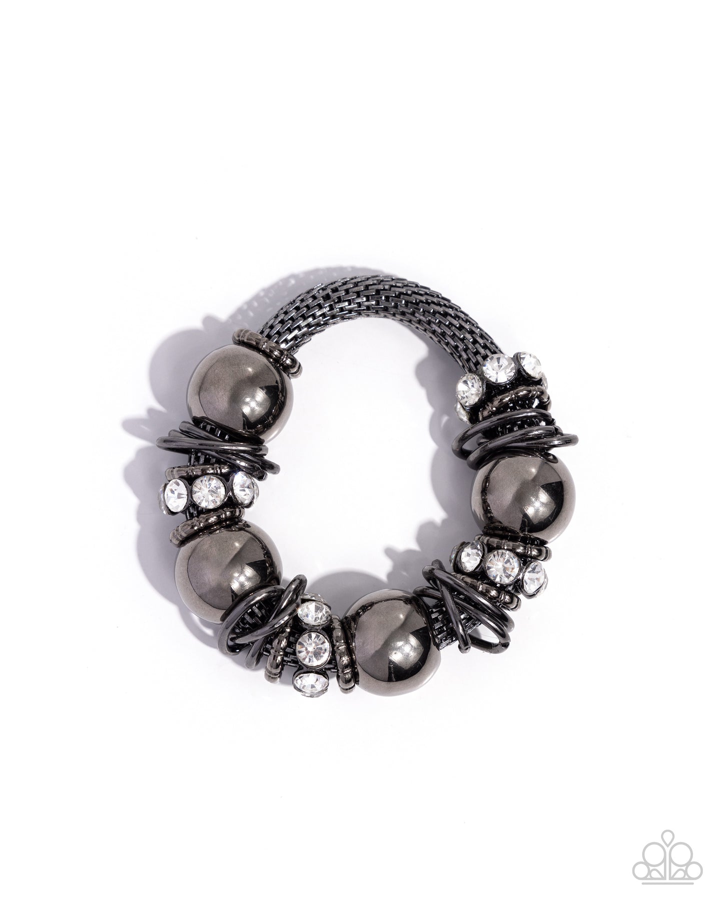 Coiled Confidence Black Stretch Bracelet - Paparazzi Accessories Infused along an industrial abstract stretchy chain, a collection of interlocking gunmetal rings, oversized gunmetal beads, and white gem-encrusted gunmetal accents twists and coils along the wrist for a charismatically confident look. Sold as one individual bracelet. P9ED-BKXX-124XX