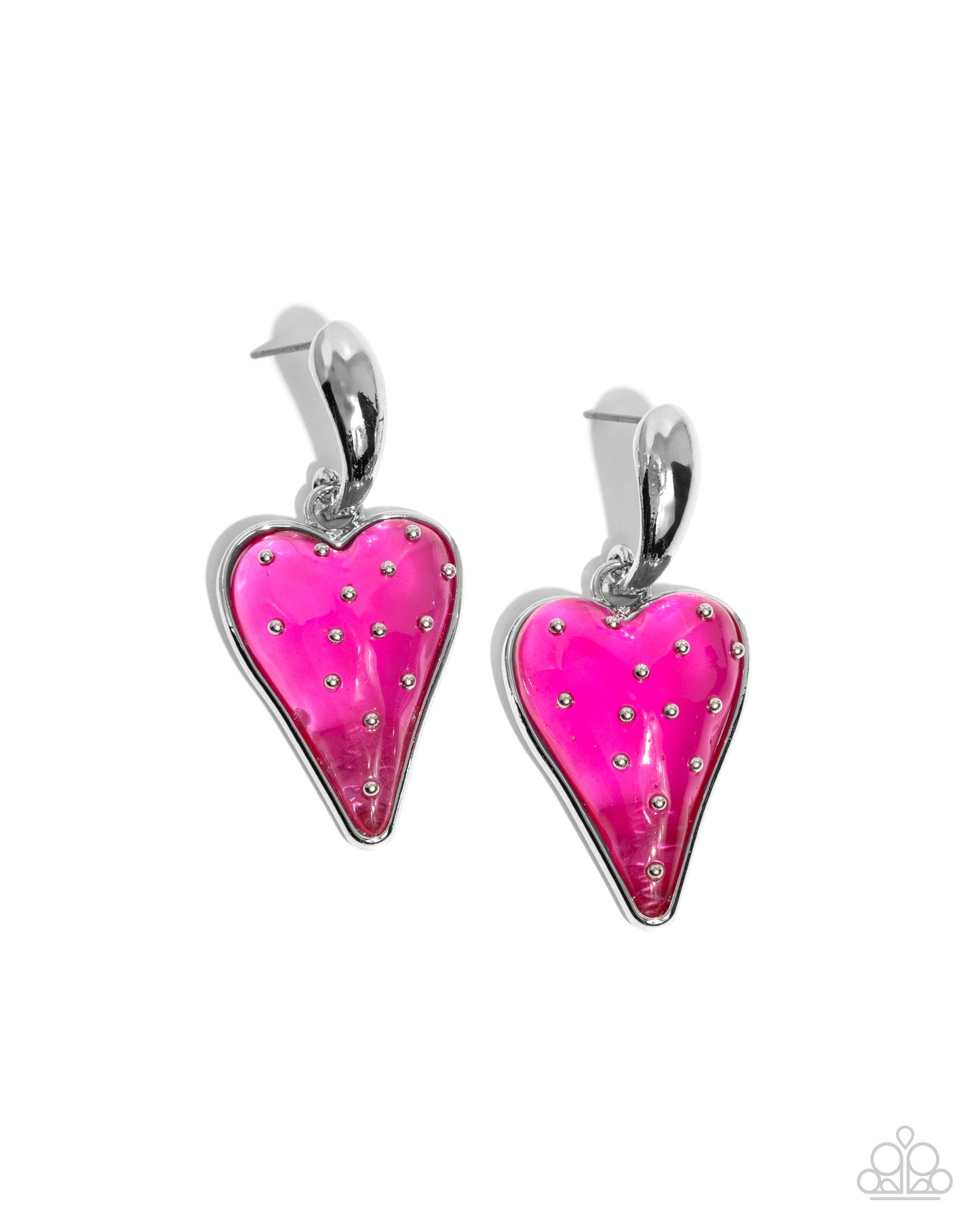 Glossy Goodwill Pink Post Earring - Paparazzi Accessories A curved silver post gives way to a glossy jelly-like pink strawberry pendant embellished with silver "seeds" for a sweet, summery statement. Earring attaches to a standard post fitting. Sold as one pair of post earrings. P5PO-PKXX-125XX