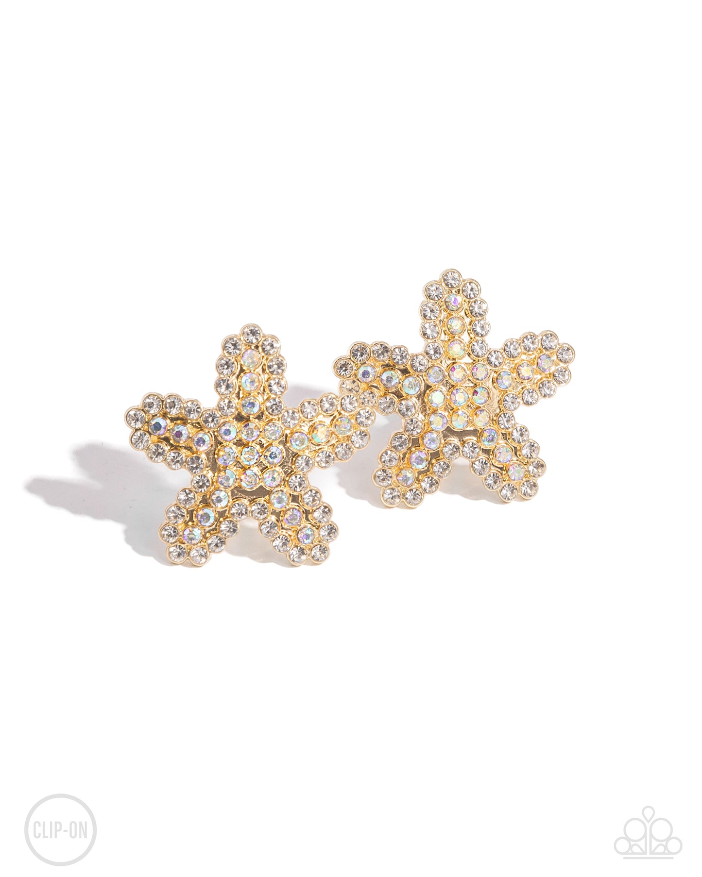 Starfish Serenade Gold Clip-On Earring - Paparazzi Accessories Embellished in glistening white rhinestones and iridescent rhinestones, a gold starfish glistens from the ear for a shimmery sea-inspired serenade. Earring attaches to a standard clip-on fitting. Due to its prismatic palette, color may vary. Sold as one pair of clip-on earrings. P5CO-GDXX-089XX