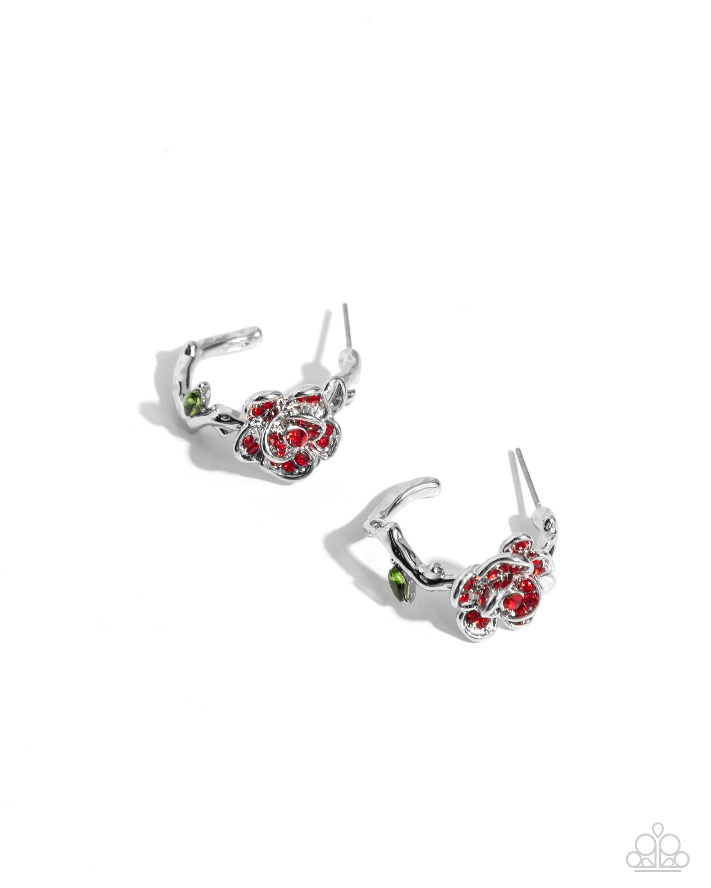 Mother ROSE Best Red Hoop Earring - Paparazzi Accessories Featuring red rhinestones, a three-dimensional silver rose blooms atop a silver-vined hoop. A green marquise-cut gem adorns the vine for additional whimsical color. Earring attaches to a standard post fitting. Hoop measures approximately 3/4" in diameter. Sold as one pair of hoop earrings. P5HO-RDXX-035XX