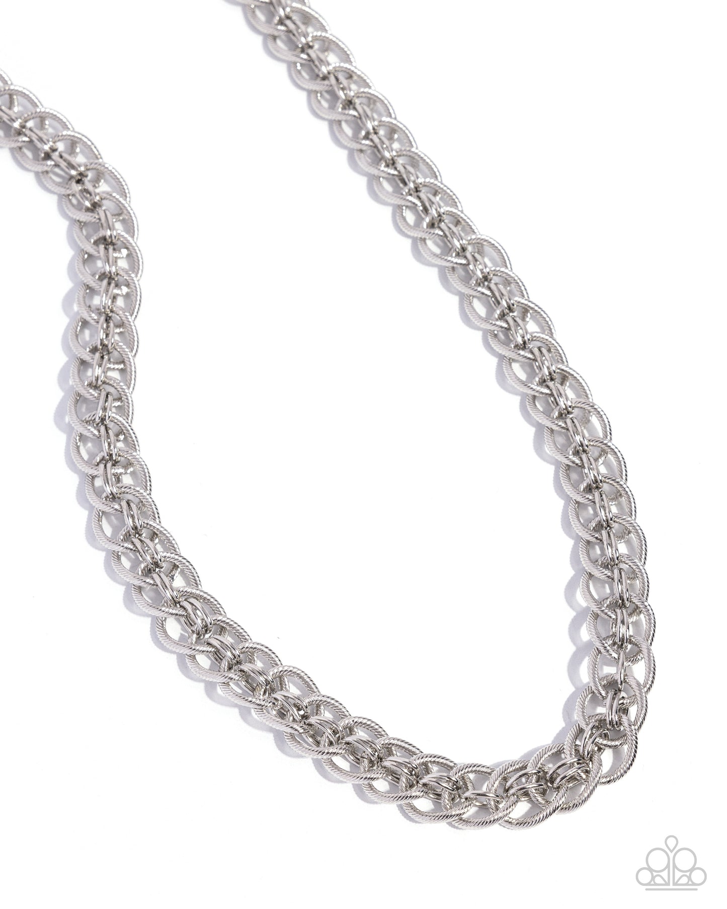 Coiled Conviction Silver Unisex Necklace - Paparazzi Accessories A collection of coiled silver rings interlock between duos of sleek, high-sheen silver rings along the neckline for a confidently chic look. Features an adjustable clasp closure. Sold as one individual necklace. P2MN-URSV-078XX