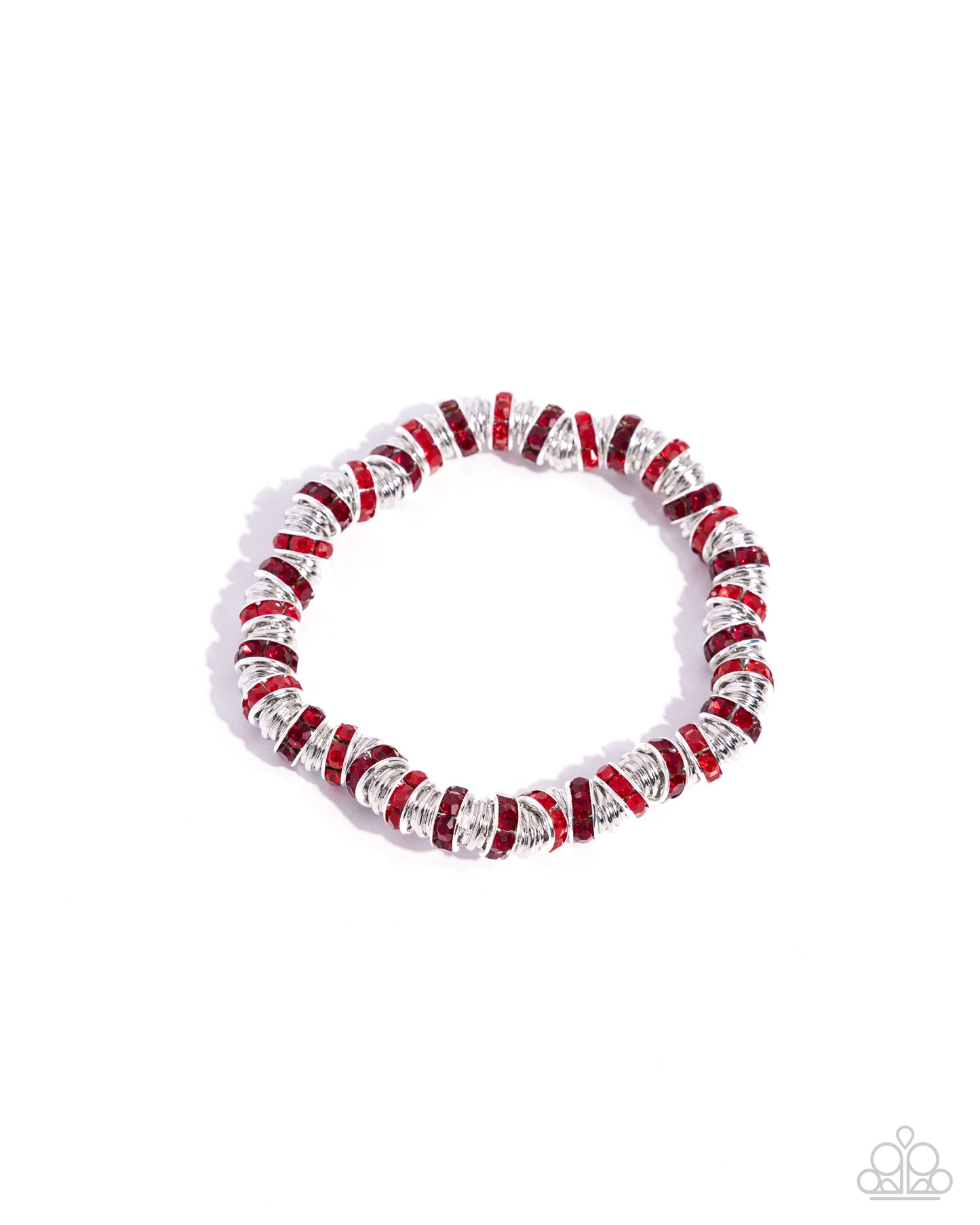 Radiant Roll Call Red Stretch Bracelet - Paparazzi Accessories Embellished with glistening red and light red rhinestones, silver discs sporadically alternate along seemingly endless sleek, thin silver discs along the wrist on an invisible string for a burst of shimmer and glitz. Sold as one individual bracelet. P9RE-RDXX-164XX