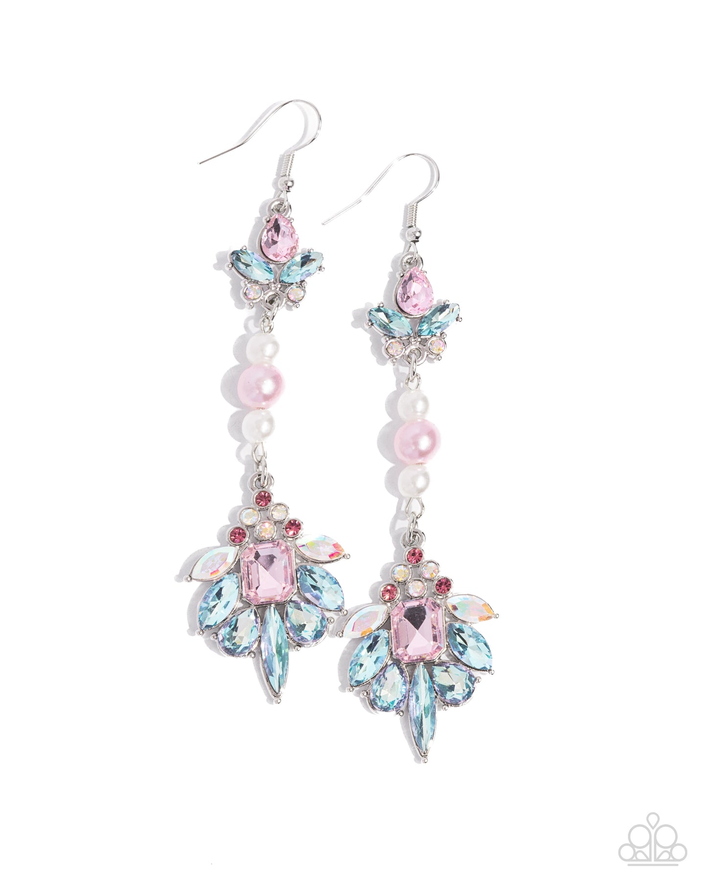 Considerable Captivation Multi Earring - Paparazzi Accessories Embellished with iridescent, blue, and pink rhinestones, marquise-cut gems, teardrop gems, and an emerald-cut gem, two silver frames connected by a trio of white and baby pink pearls in varying sizes flair out along the ear for a classy, chic look. Earring attaches to a standard fishhook fitting. Due to its prismatic palette, color may vary. Sold as one pair of earrings. P5RE-MTXX-137XX