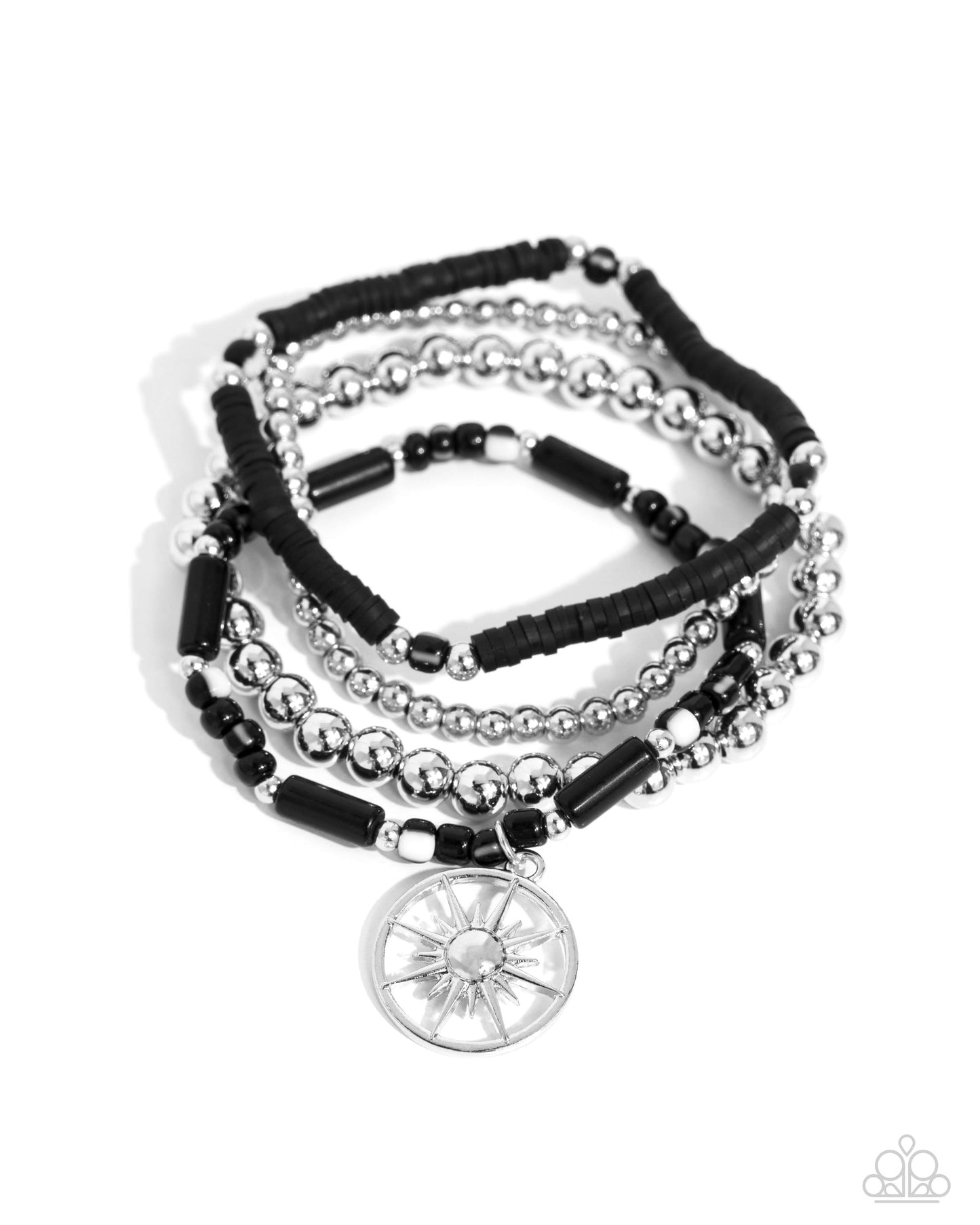 Nuanced Navigator Black Stretch Bracelet - Paparazzi Accessories Infused along elastic stretchy bands, a collection of black-and-white striped beads, silver, and black beads in varying sizes, black clay discs, and a silver sunburst compass charm swing and stack along the wrist for a noteworthy look. Sold as one set of four bracelets. P9BA-BKXX-125XX