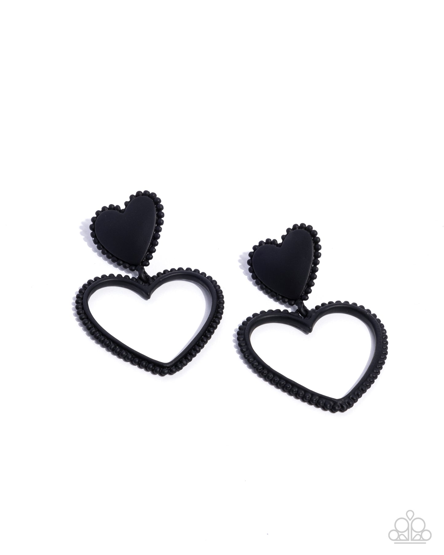 Casual Chemistry Black Heart Post Earring - Paparazzi Accessories Embellished in black-painted studs, an acrylic black heart gives way to an oversized black heart silhouette for a sophisticatedly sweet look. Earring attaches to a standard post fitting. Sold as one pair of post earrings. P5PO-BKXX-251XX