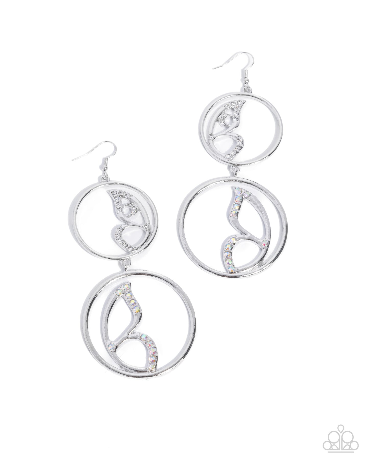 Admittedly Aerial White Butterfly Earring - Paparazzi Accessories Fluttering along the inside of airy silver rings, a duo of silver butterfly wings alternating in direction between the two rings is embellished in white and iridescent rhinestones for a fairy-inspired display. Earring attaches to a standard fishhook fitting. Due to its prismatic palette, color may vary. Sold as one pair of earrings. P5RE-WTXX-628XX