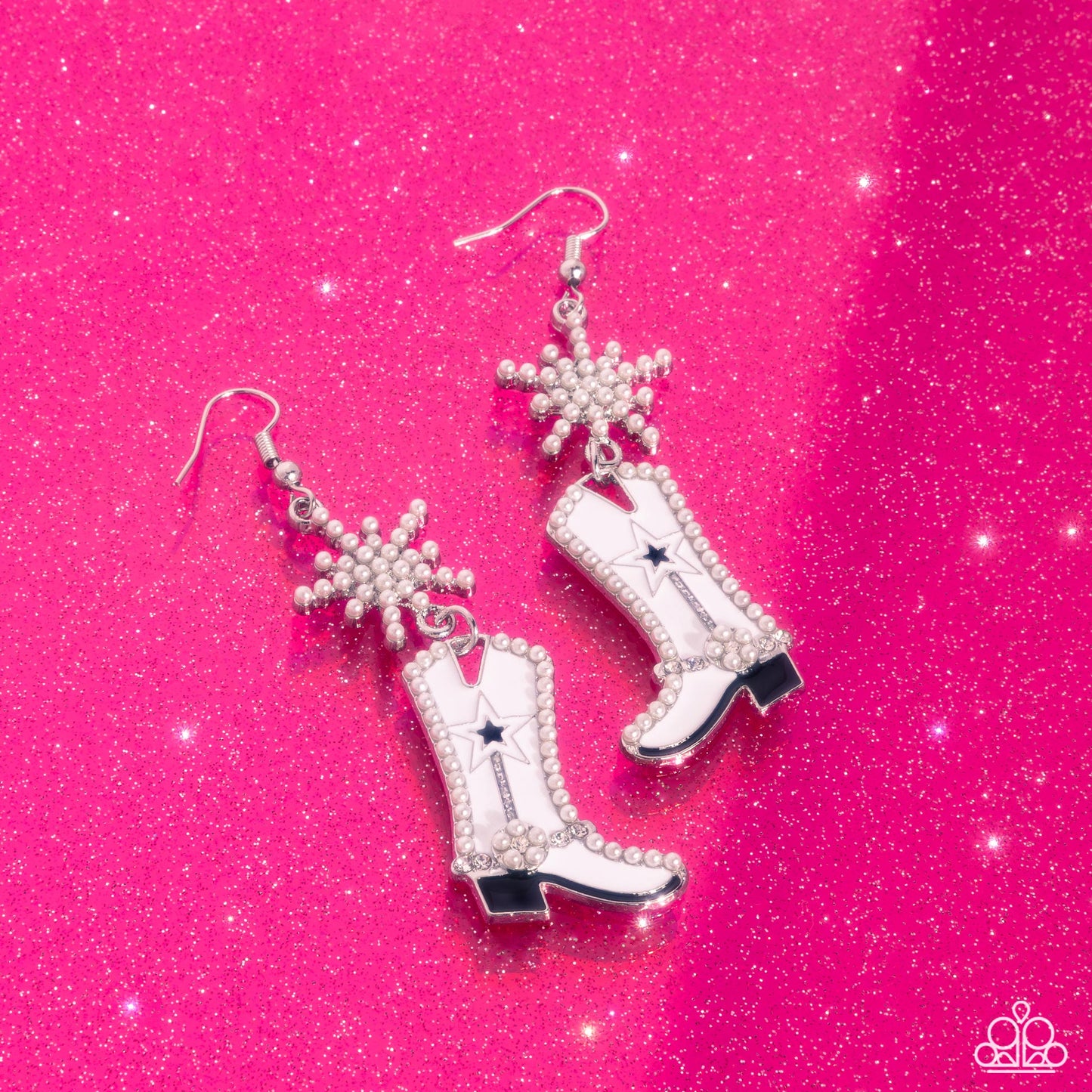 Compelling Cowboy White Boot Earring - Paparazzi Accessories Embellished in dainty white pearls an explosive silver star gives way to a white-painted cowboy boot. Lined with black-painted details, white rhinestones, and similar dainty white pearls, the cowboy boot kicks below the ear for a Western whimsical look. Earring attaches to a standard fishhook fitting. Sold as one pair of earrings. P5SE-WTXX-232XX