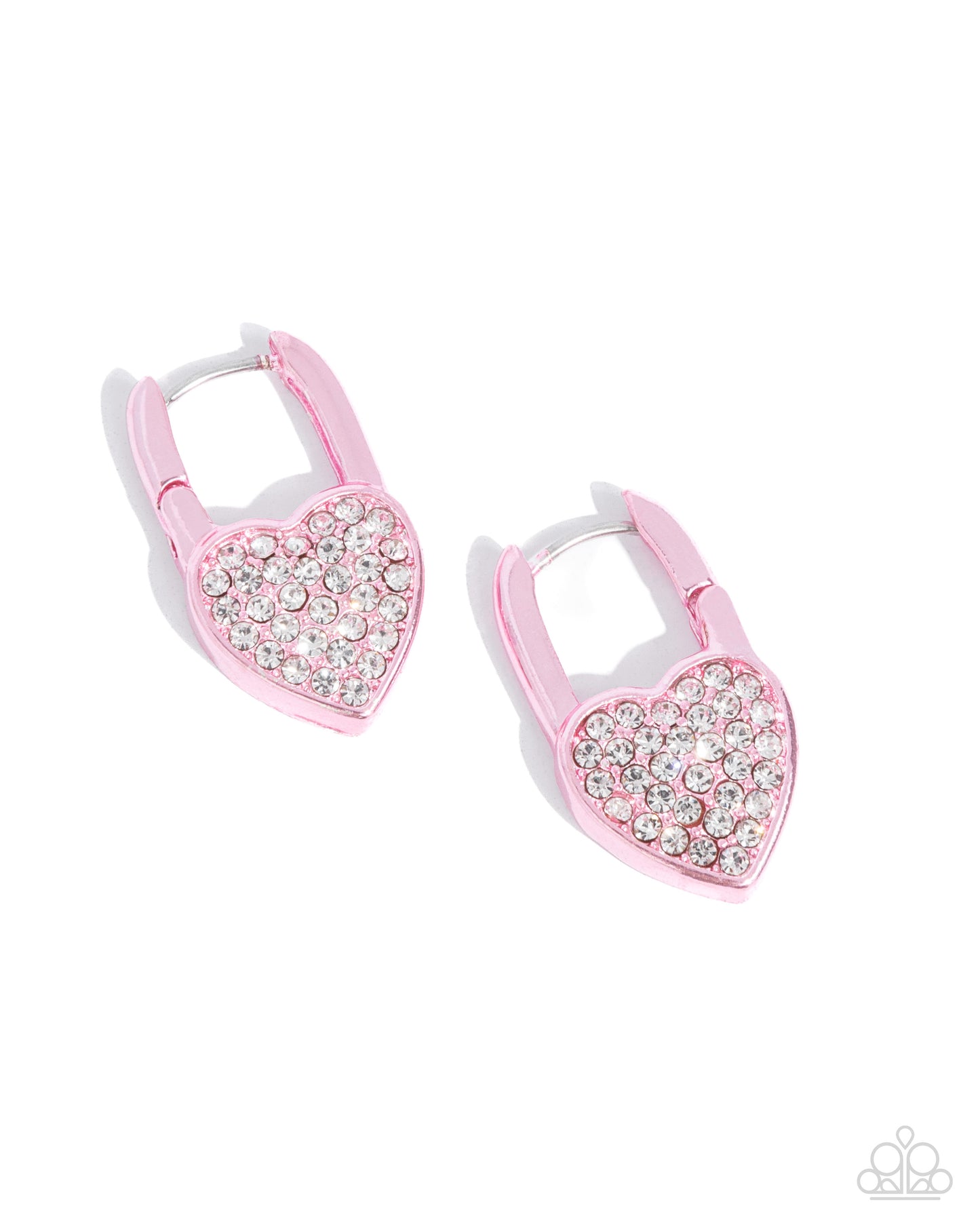 Padlocked Promise Pink Hinge Hoop Earring - Paparazzi Accessories Modeled after a padlock, a pink-painted heart frame is embellished with white rhinestones for a shimmery sealed look along the ear. Earring attaches to a standard hinge closure fitting. Hoop measures approximately 1/2" in diameter. Sold as one pair of hinge hoop earrings. P5HO-PKXX-102XX