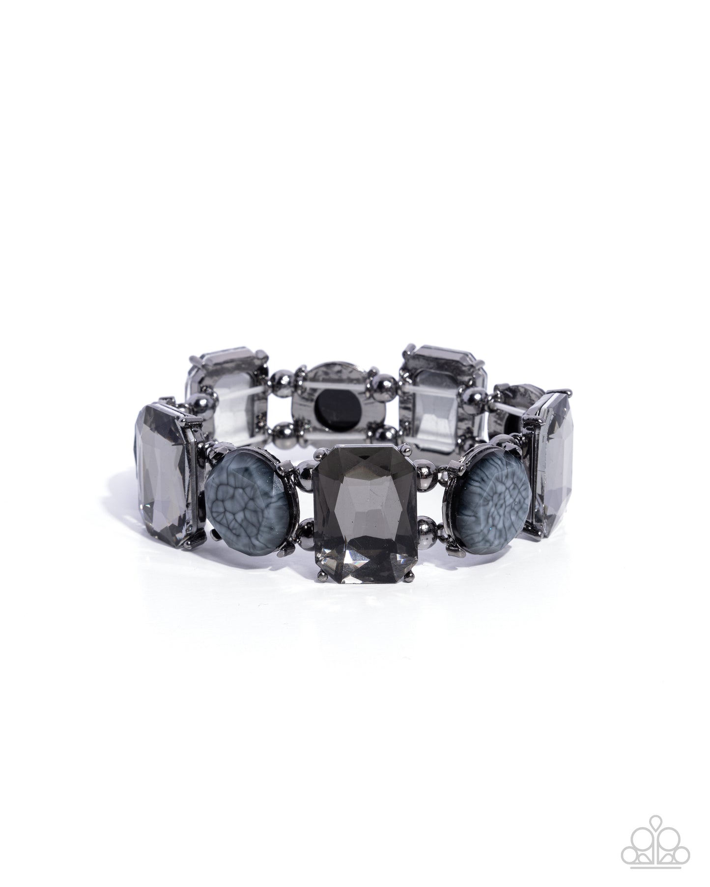 Cloudy Conversation Black Stretch Bracelet - Paparazzi Accessories Infused along elastic stretchy bands, a collection of gunmetal-pronged faceted black emerald-cut gems alternate with marbled gray resin circles for a cloudy-like chic look. Sold as one individual bracelet. P9ST-BKXX-029XX