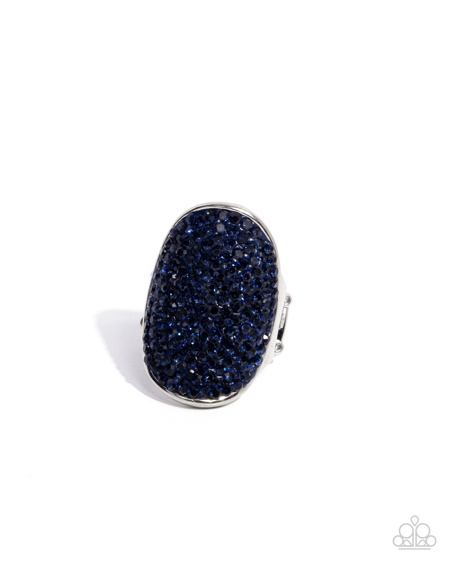 Exaggerated Elitist Blue Rhinestone Ring - Paparazzi Accessories The front of a navy-painted oval silver frame is haphazardly encrusted in a blinding scatter of glassy Montana rhinestones, creating a dramatic centerpiece atop the finger. Features a stretchy band for a flexible fit. Sold as one individual ring. P4RE-BLXX-263XX