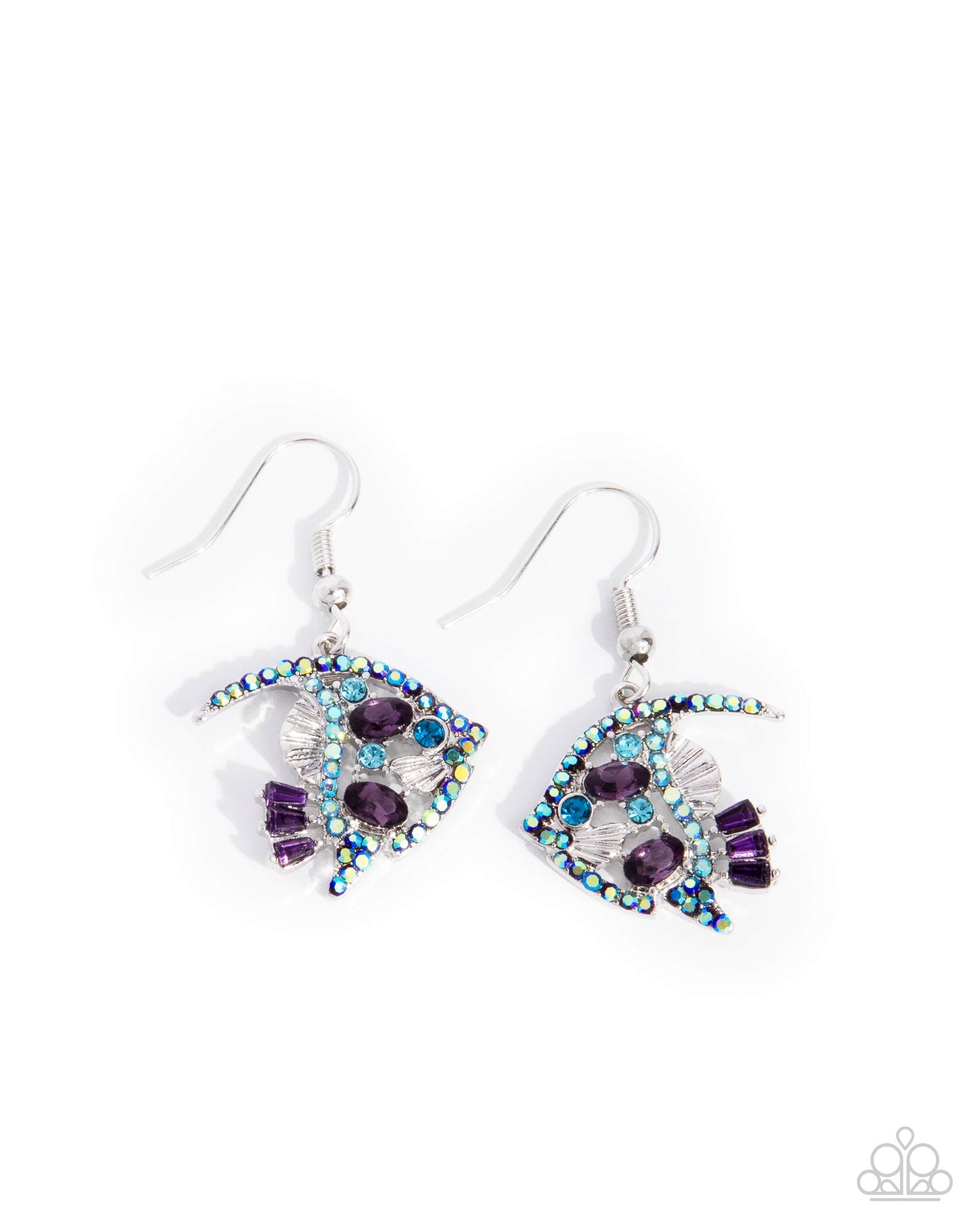 Fancy Free Fish Purple Earring - Paparazzi Accessories Featuring oval and dainty emerald-cut purple gems, aquamarine iridescent, aquamarine, and amethyst iridescent rhinestones, textured silver fins, and a solitaire blue zircon rhinestone eye, a silver fish swims below the ear for a glittery geographic look. Earring attaches to a standard fishhook fitting. Due to its prismatic palette, color may vary. Sold as one pair of earrings. P5DA-PRXX-050XX