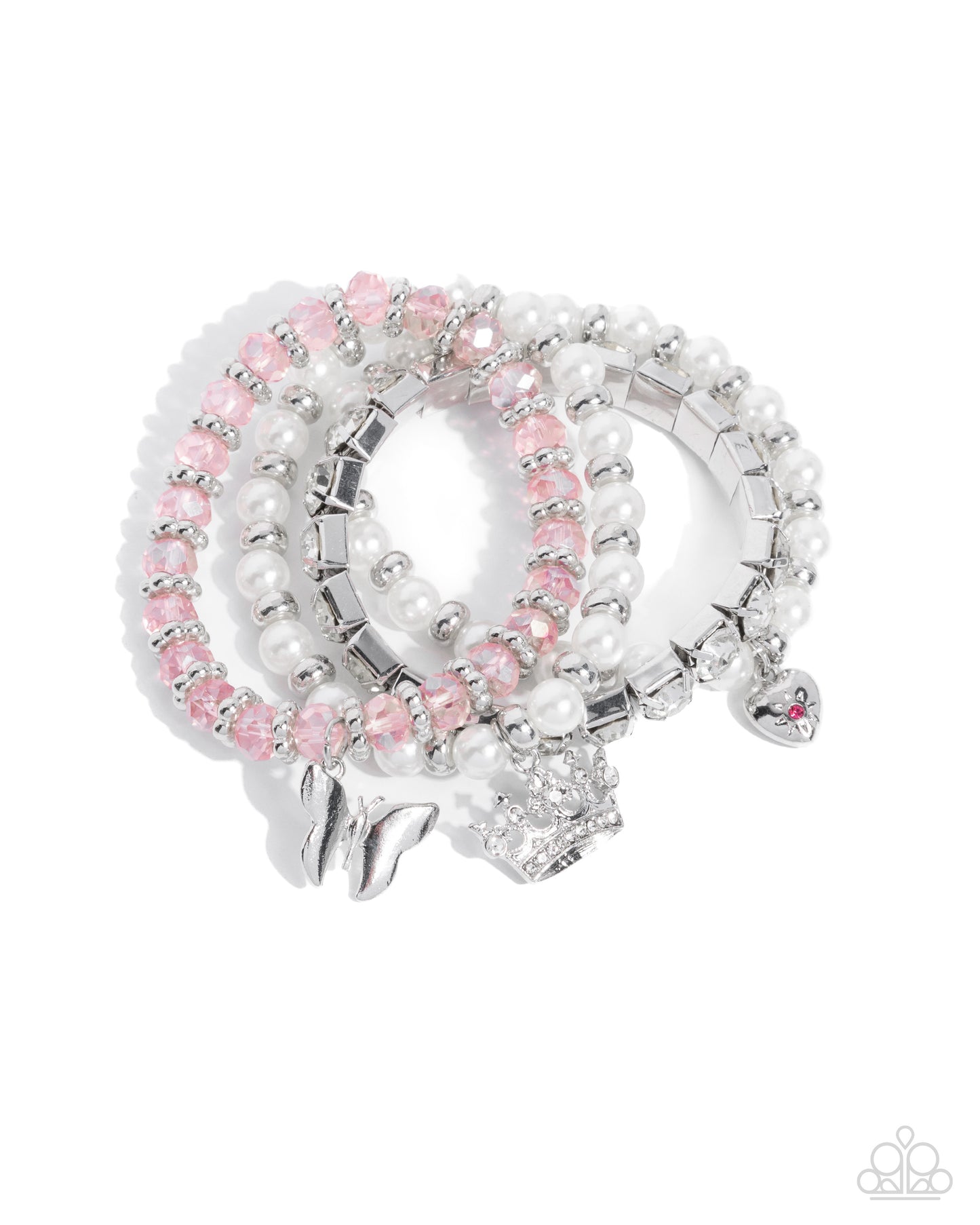 Feminine Charm Pink Charm Stretch Bracelet - Paparazzi Accessories Infused along elastic stretchy bands, a glistening stack of four bracelets featuring silver wheel beads, silver discs, white pearls, white rhinestones in thick silver square fittings, and faceted glassy pink beads with a subtle UV shimmer are adorned with a silver butterfly, white rhinestone-encrusted crown, and rose rhinestone-centered floral heart, creating soft, charming layers around the wrist. Sold as one set of four bracelets. P9ST-
