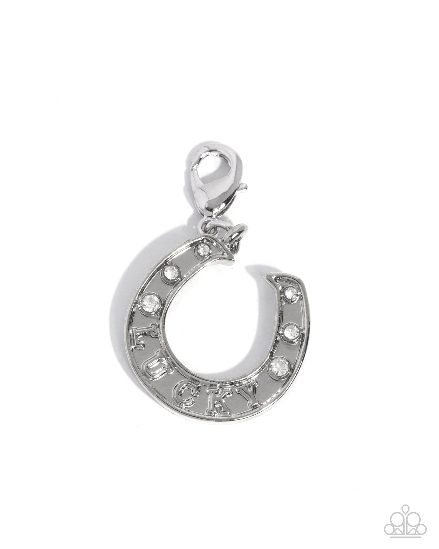 Silver horseshoe pendant with small stones on a white background